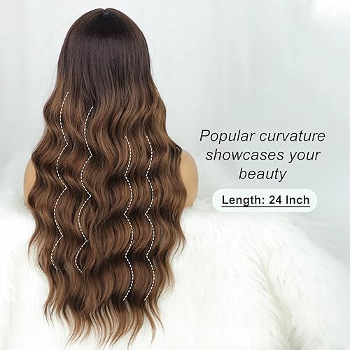Miniatura 4 de AISI QUEENS Peluca de color marrón degradado con flequillo, pelucas largas onduladas de color marrón con raíz oscura, pelucas sintéticas resistentes