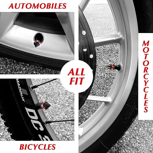 Miniatura 6 de ToBeQueen Tapones de válvula de color rojo brillante, paquete de 4 tapones de válvula de neumáticos hechos a mano con diamantes de imitación rojos