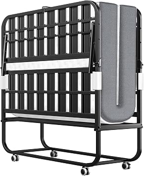 Folding Bed with Memory Mattress, Twin Portable Roll Away Guest Bed with Wheels, Widened Grid Support Frame, Space-Saving for Office, Room, Basement, Small Apartment, 75" x 38" with HEADBOARD