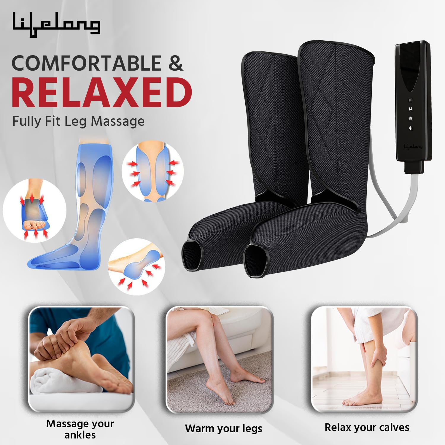 Lifelong Llm522 Multifunctional Rechargeable Air Pressure Massager-For Calves|Air Compression Massager|With Heat & Vibration|Foot, Calf, Leg & Arm Massager For Pain Relief (1 Year Warranty, Black) 1