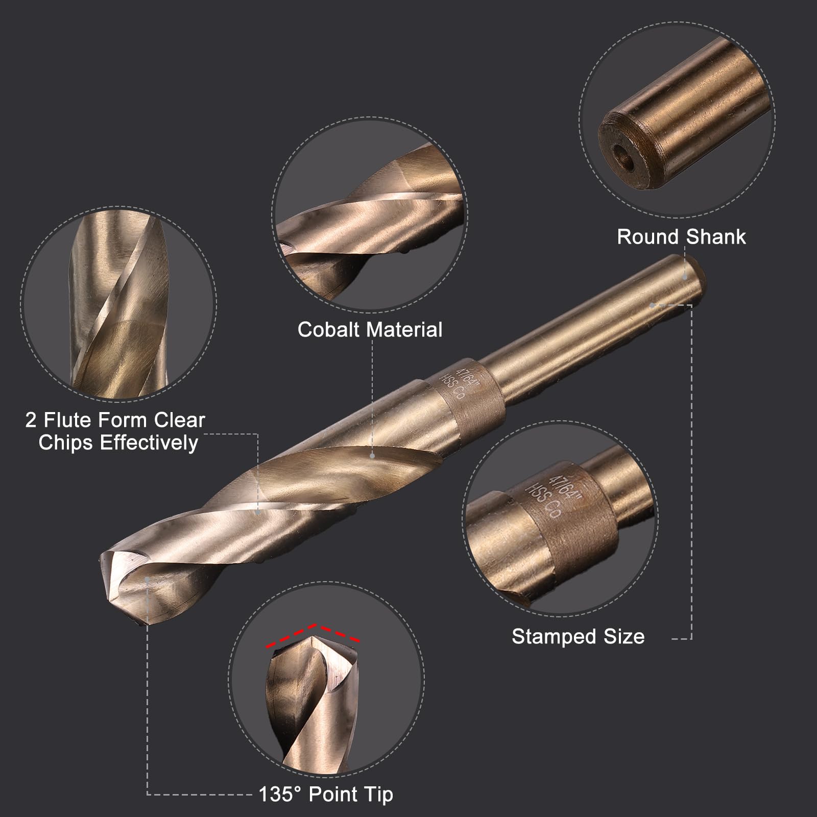 uxcell 3 brocas helicoidales de cobalto M35 de 47/64 pulgadas, broca Jobber de acero de alta velocidad para acero inoxidable, metal endurecido, hierro fundido, aluminio, cobre, acero de aleación