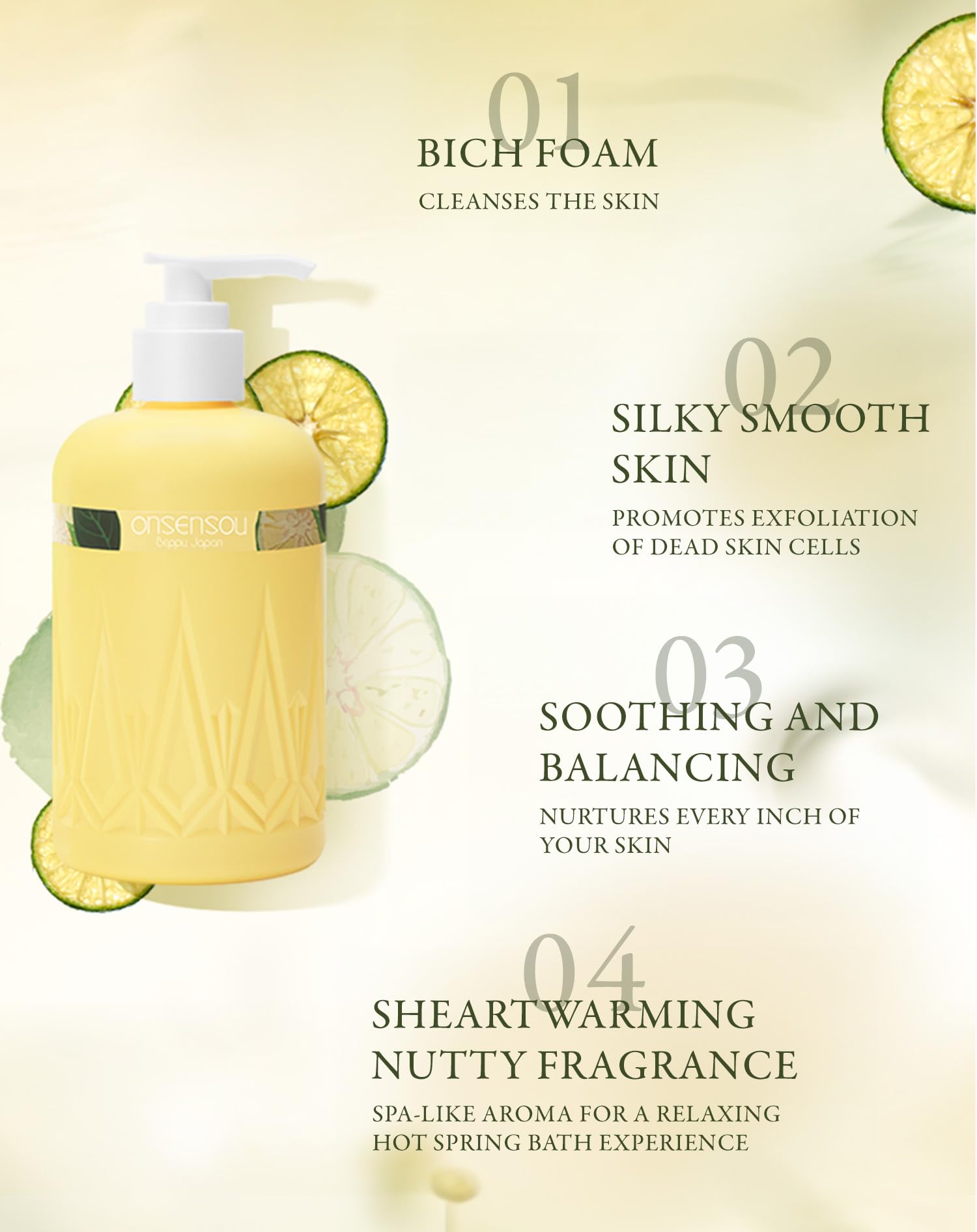 limpiador corporal KABOSU gel de baño jabón corporal hidratante para piel seca. Espuma concentrada con queratina sin parabenos hecho en Japón aroma cítrico 300ml