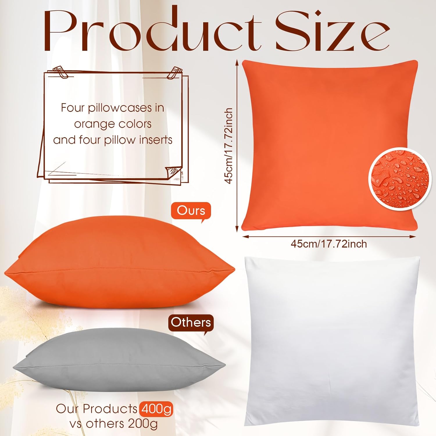 4 Set Waterproof Orange Outdoor Throw Pillow Covers with 4 Pillow Inserts 18x18 Inch Decorative Waterproof Throw Cushion for Sofa Couch Home Patio