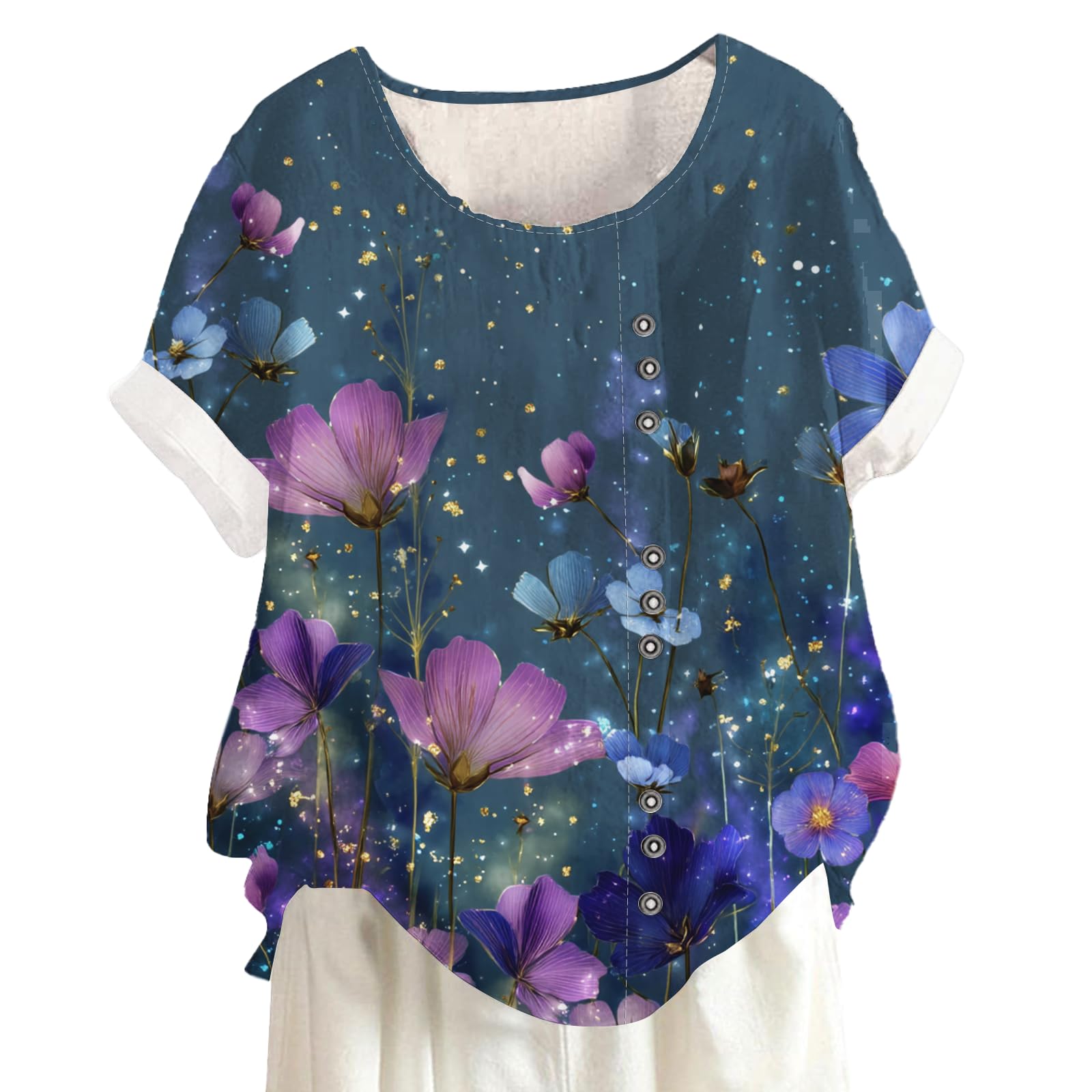 Womens Dreamy Flower Graphic Shirt Trendy Casual Short Sleeve Blouse Comfy Loose Fit Crewneck Pullover Tops Summer