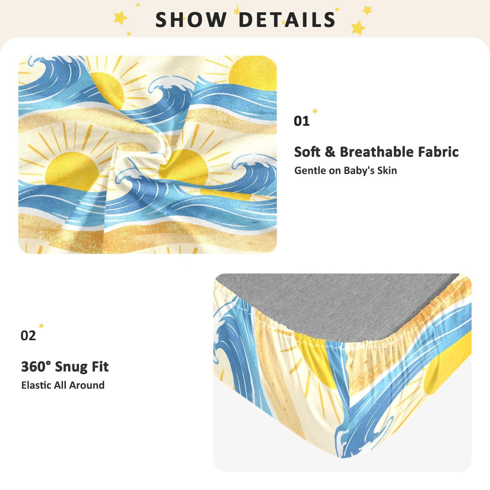 Waves Sun Summer Beach - Sábanas para cuna de bebé, niños y niñas, de algodón, suaves, elásticas, unisex, para cuna, 1 paquete de decoración para cuna de cuna de bebé