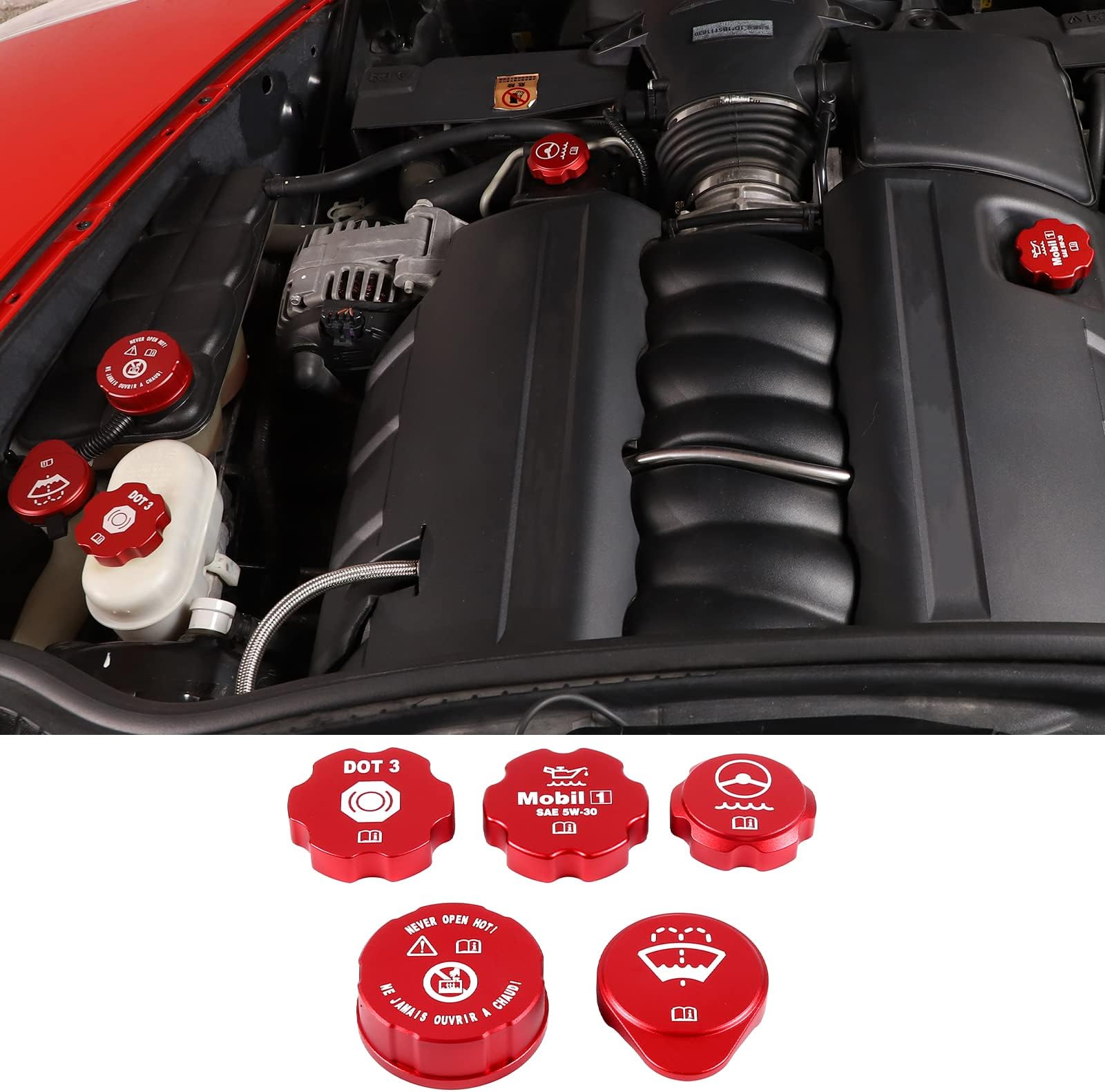 Car Engine Oil Cap Radiator Cap Brake Fluid Cap Cover Fit for C6 Corvette 2005-2013 Accessories, Aluminum Alloy Car Engine Bay Cap Cover Kit Protection Cover Trim, 5Pcs