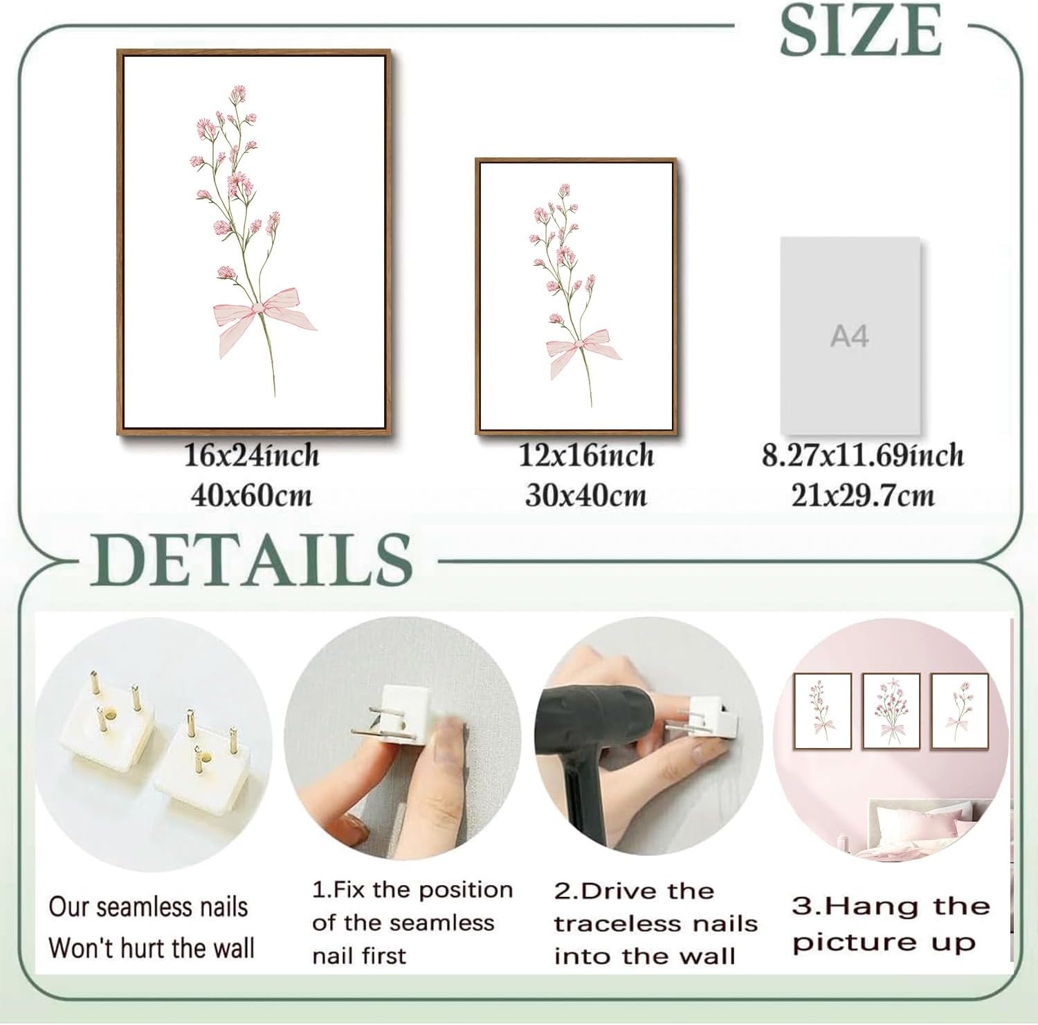 SongZest 3 Piece Pink Floral Framed Wall Art Boho Flower Nursery Canvas Art Prints Wildflower Bow Pictures Wall Decor Cute Paintings Artwork for Girl Bedroom Bathroom 16x24in