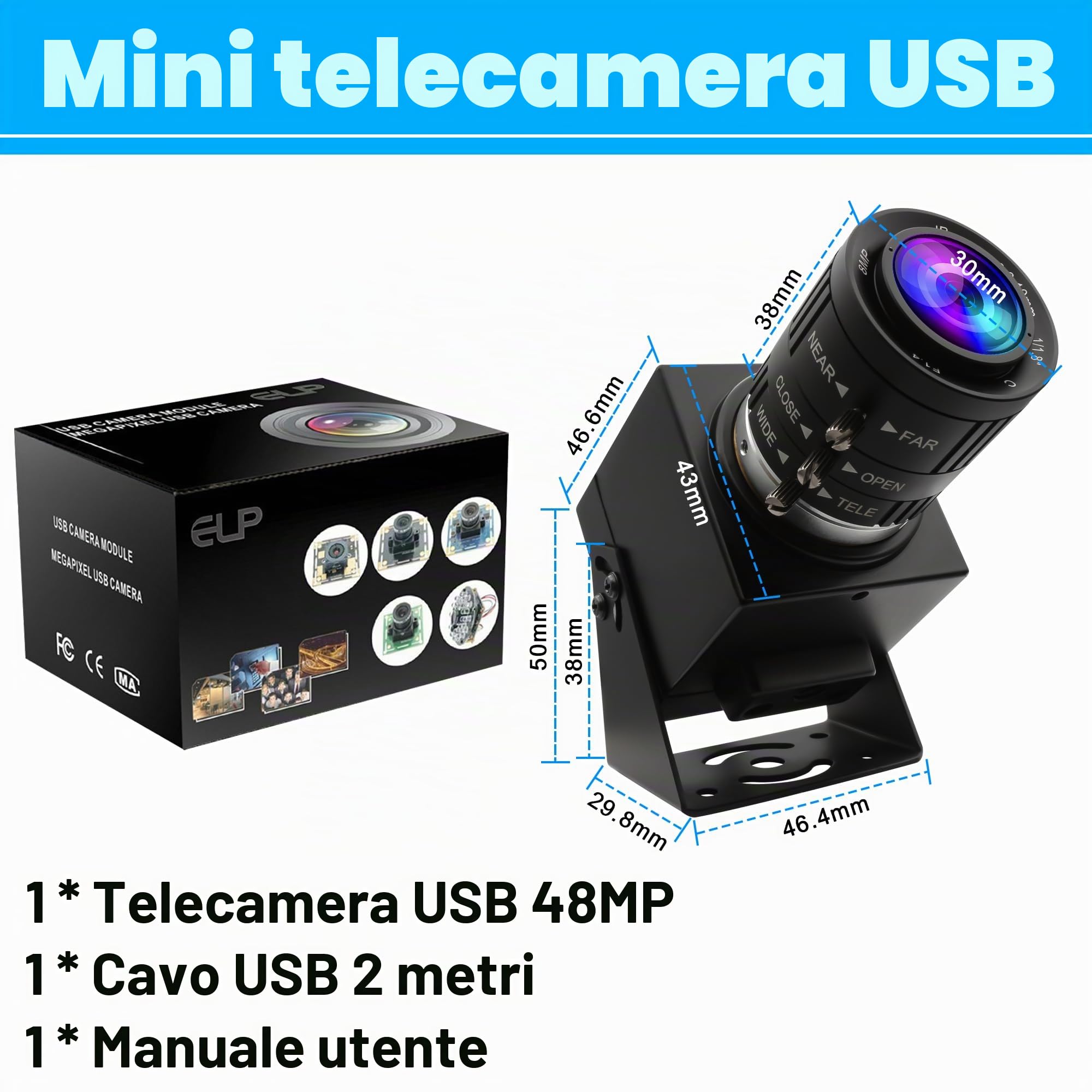 ELP Webcam USB da 48 MP 8K Ultra HD USB con zoom manuale 3.6-10mm 3X Cam per computer Lightburn Close Up per incisore laser Plug and Play per scansione documenti viso