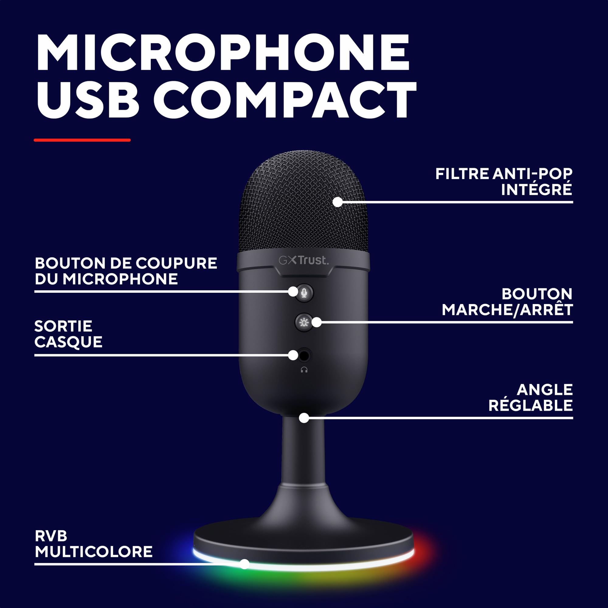 GXTrust Yami Micro Blanc à Condensateur avec Filtre Anti-Pop, Noir | Microphone USB pour Le Streaming, Twitch, Youtube, Podcast, Jeux PS5, PS4, Micro ASMR, Touche Muet, Éclairage RGB