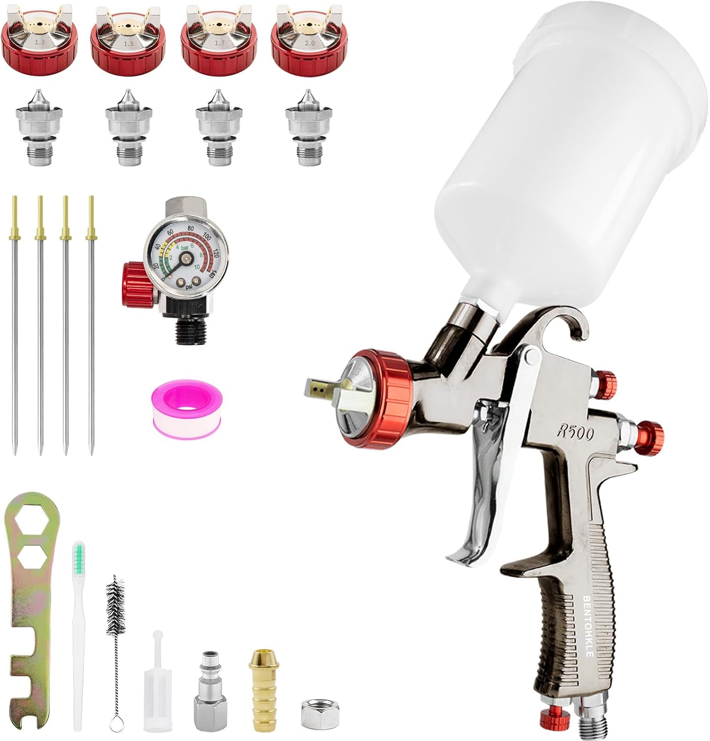 R500 LVLP Air Spray Gun Spray Gun Paint Spray Gun with 4 Nozzles 1.3/1.5/1.7/2.0 mm and Air Regulator Paint Spray System for Cars and Home DIY 4 Nozzles 1.3/1.5/1.7/2.0 mm