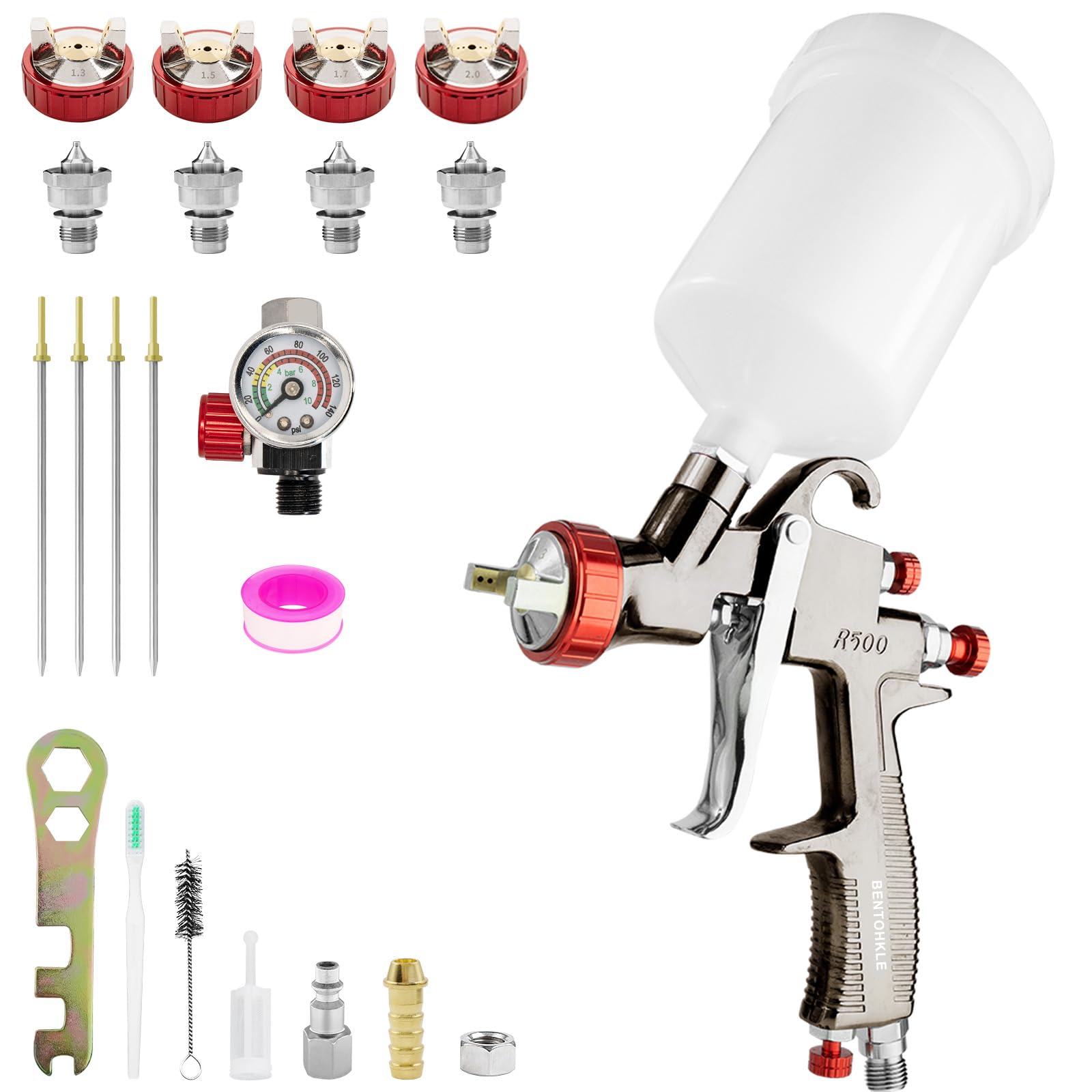 R500 LVLP Pistola de pulverización de aire, pistola de pulverización con 4 boquillas de 1,3/1,5/1,7/2,0 mm y regulador de aire, sistema de pulverización de color para coches y casa DIY (4 boquillas de