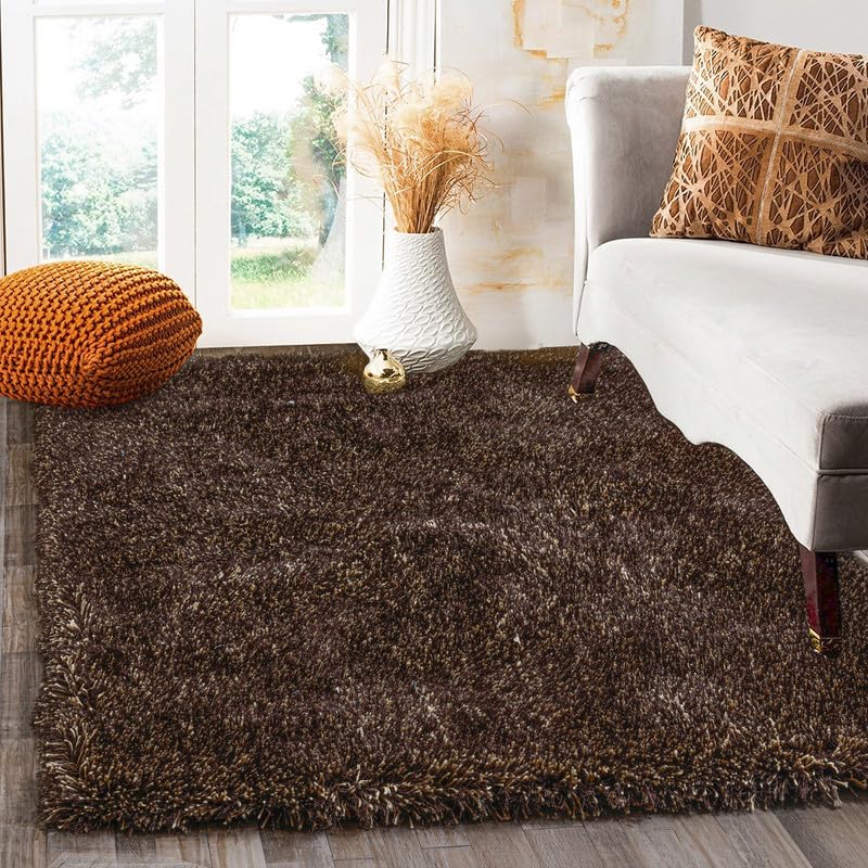 Image of FIASCO Round Shaggy Carpet Plain Fur Rugs Home and Office Sqaure Microfiber 2 Inch Pile Height Back in Canvas Modern Interior Mats 2x2 Feet Brown Gold Mix