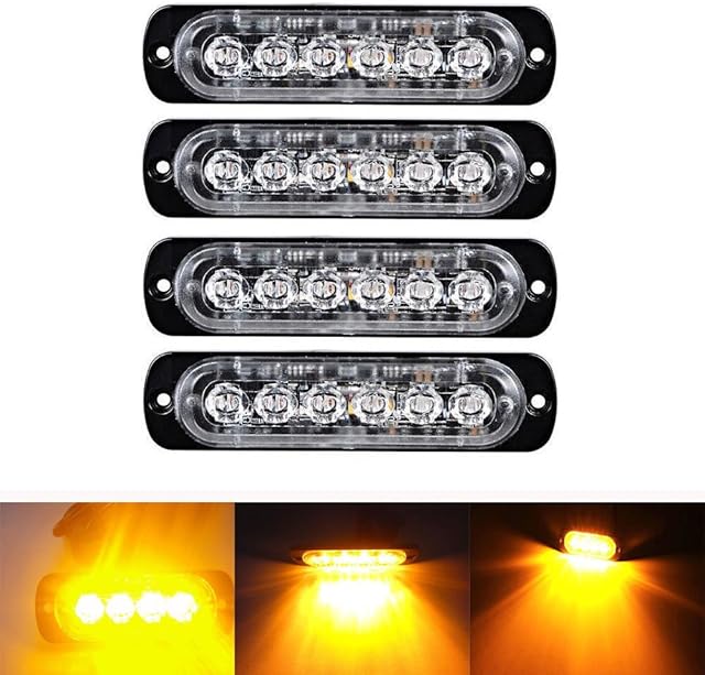 Ricoy 6 LED 18W Amber Ultra Slim Underbody Emergency Hazard Strobe Warning Grille Working Light Bar for 12V - 24V Car Vehicle, Safety Flashing Beacon For Boat SUV Trailer Caravan (Pack of 4)