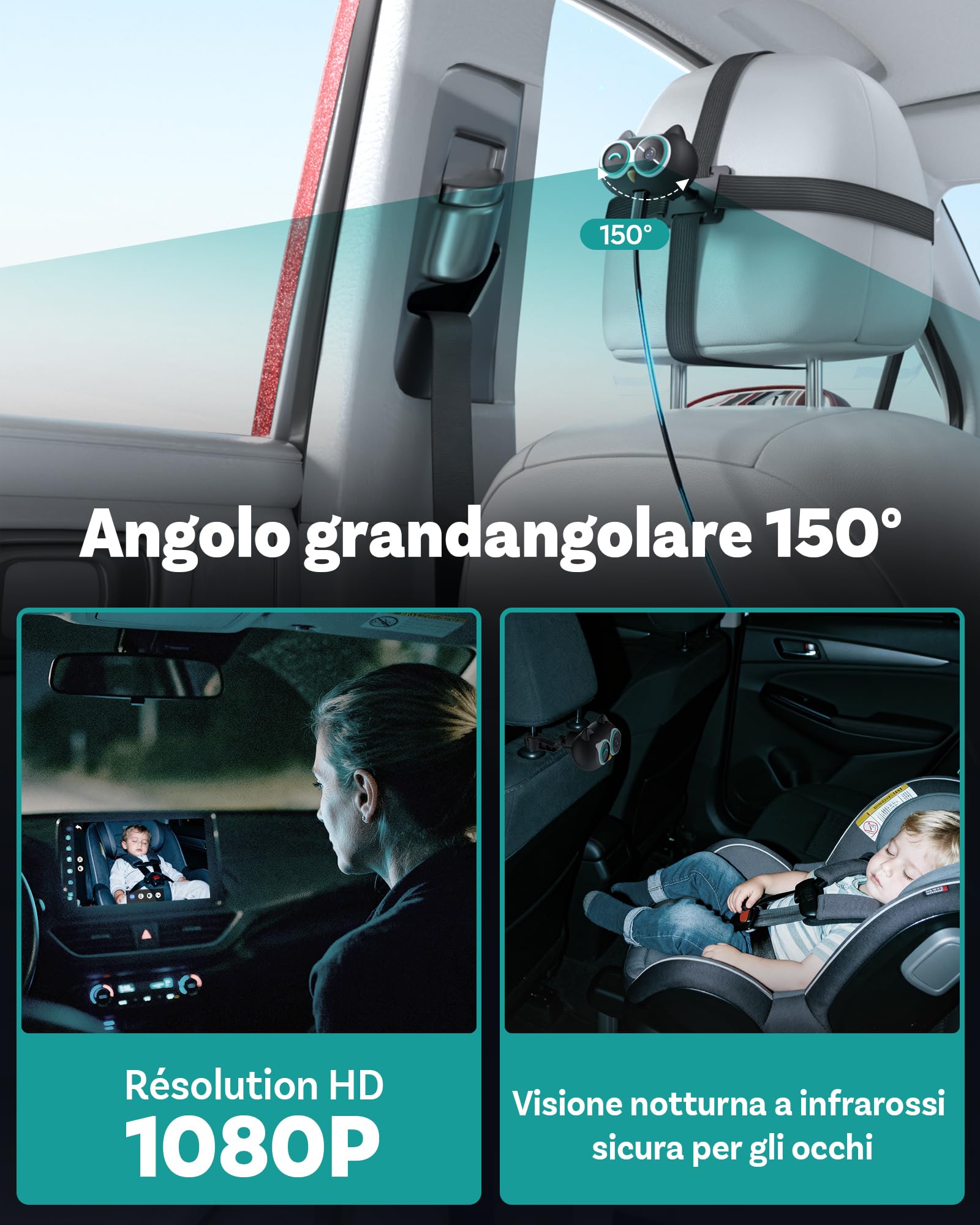 OTTOCAST Cabin Care 2026, 2-in-1 Adattatore CarPlay Wireless & Telecamera Bebè Auto 1080P, Visione Notturna IR, Grandangolo 150°, Monitor Sedile Posteriore, Compatibile con Auto CarPlay Cablate 2016+