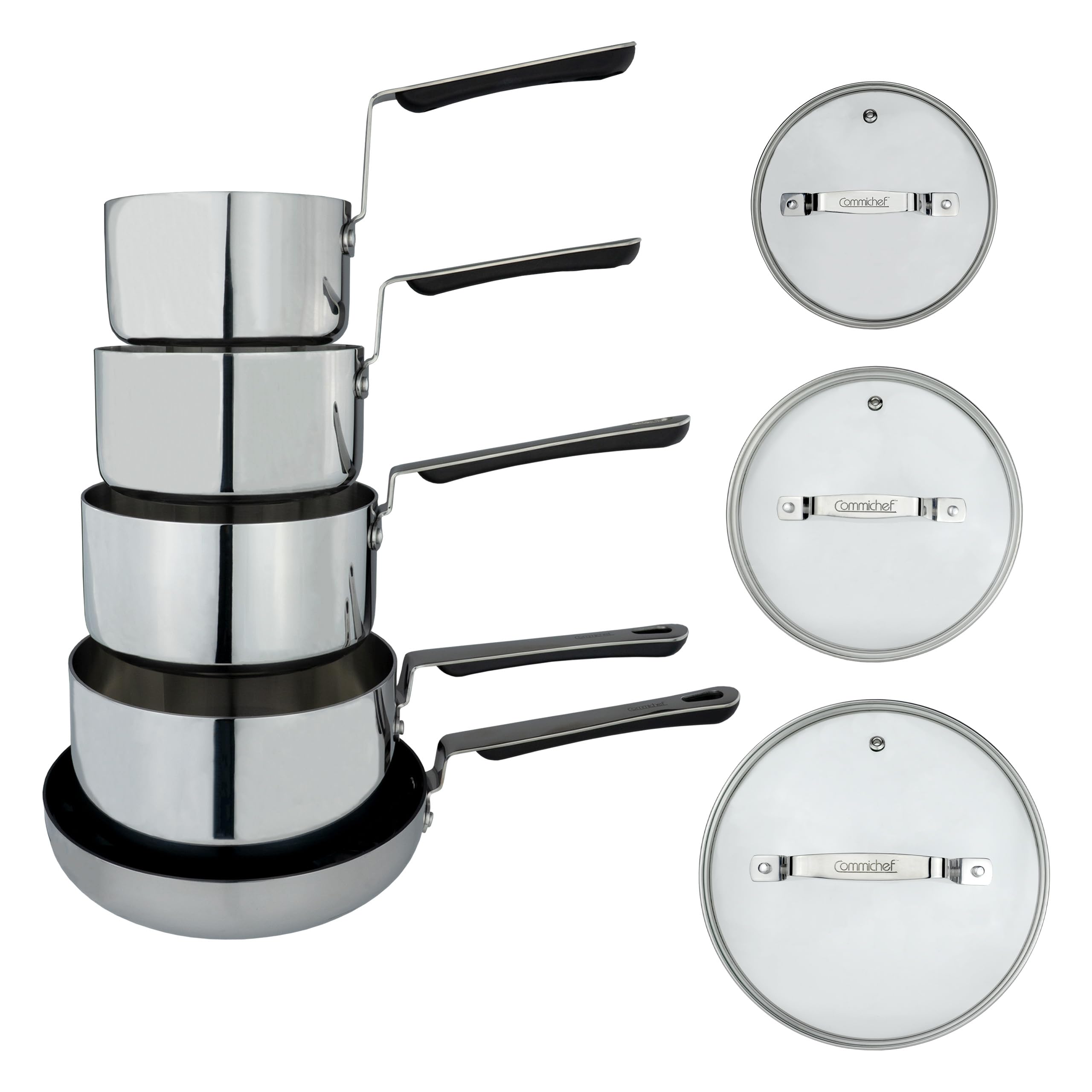 Commichef 5-Piece Cookware Set in Tri-Ply Stainless Steel, Includes 14cm, 16cm, 18cm, 20cm Saucepans with lids & 24cm Frying Pan, Stackable Design