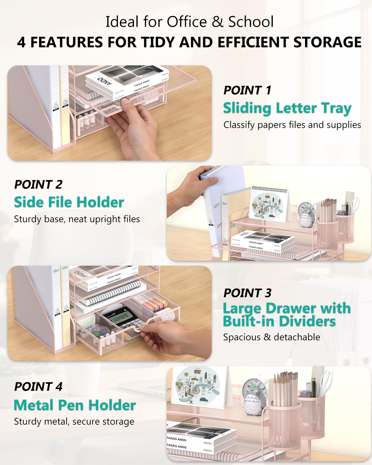 WALI Desk File Organizer, 4 Tier Desktop Paper Letter Tray Organizer with Drawer and 2 Pen Holders, Office Desk Accessories & Workspace Organizers for Office, Home Supplies(DO005DH-P), 1 Pack, Pink view 4