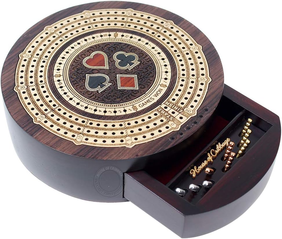 House of CribbageRound Shape 3 Track Non-Continuous Cribbage Board - Push Drawer Storage for Pegs and 1 Deck of Cards with Score Marking Fields for Won Games (Rosewood / Maple Wood)