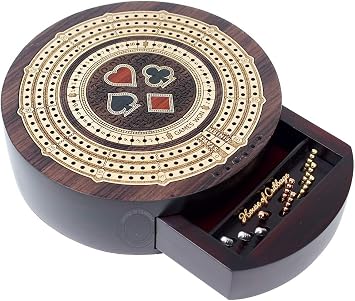 House of Cribbage - Round Shape 3 Track Non-Continuous Cribbage Board - Push Drawer Storage for Pegs and 1 Deck of Cards with Score Marking Fields for Won Games Rosewood/Maple Wood