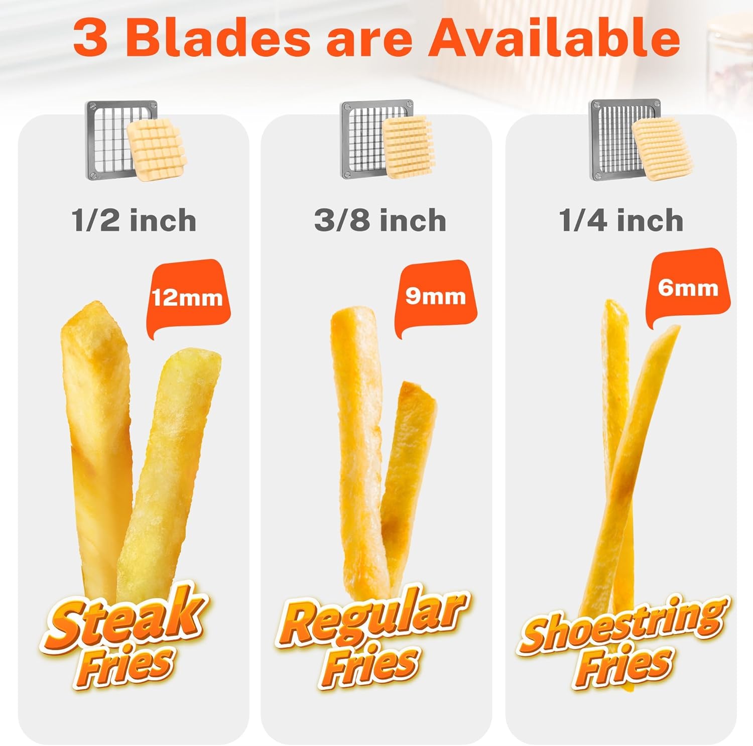 French Fry Cutter for Potatoes, Stainless Steel Potato Cutter for Fries with 1/2", 3/8", 1/4" Replaceable Blades, Glove, and Brush