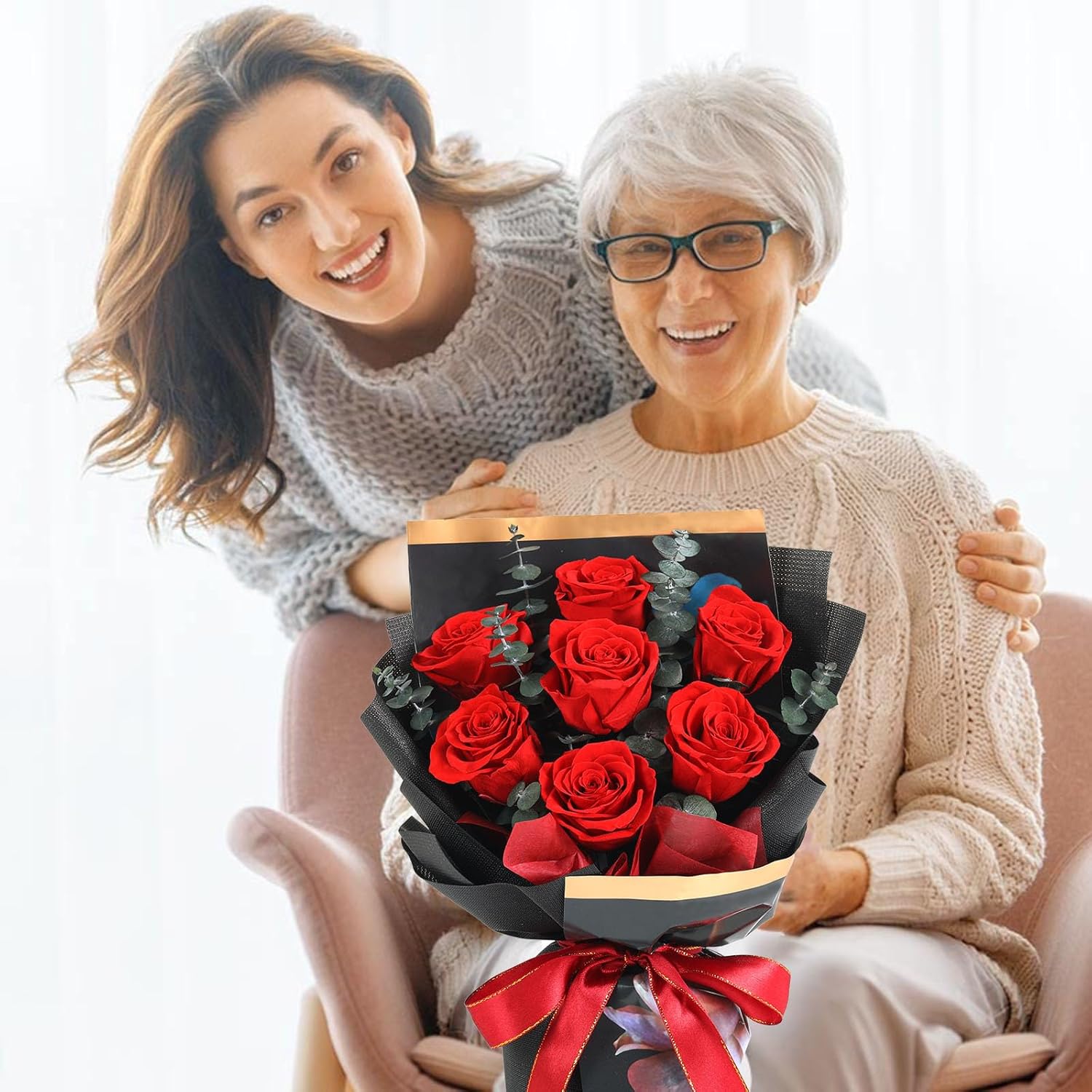 Preserved Flowers Bouquet 7 Roses, Forever Flower for Delivery Birthday Anniversary Wedding, Eternal Real Roses Bouquets with Gifts Box for Women Wife Mother Day, Red - Image 5