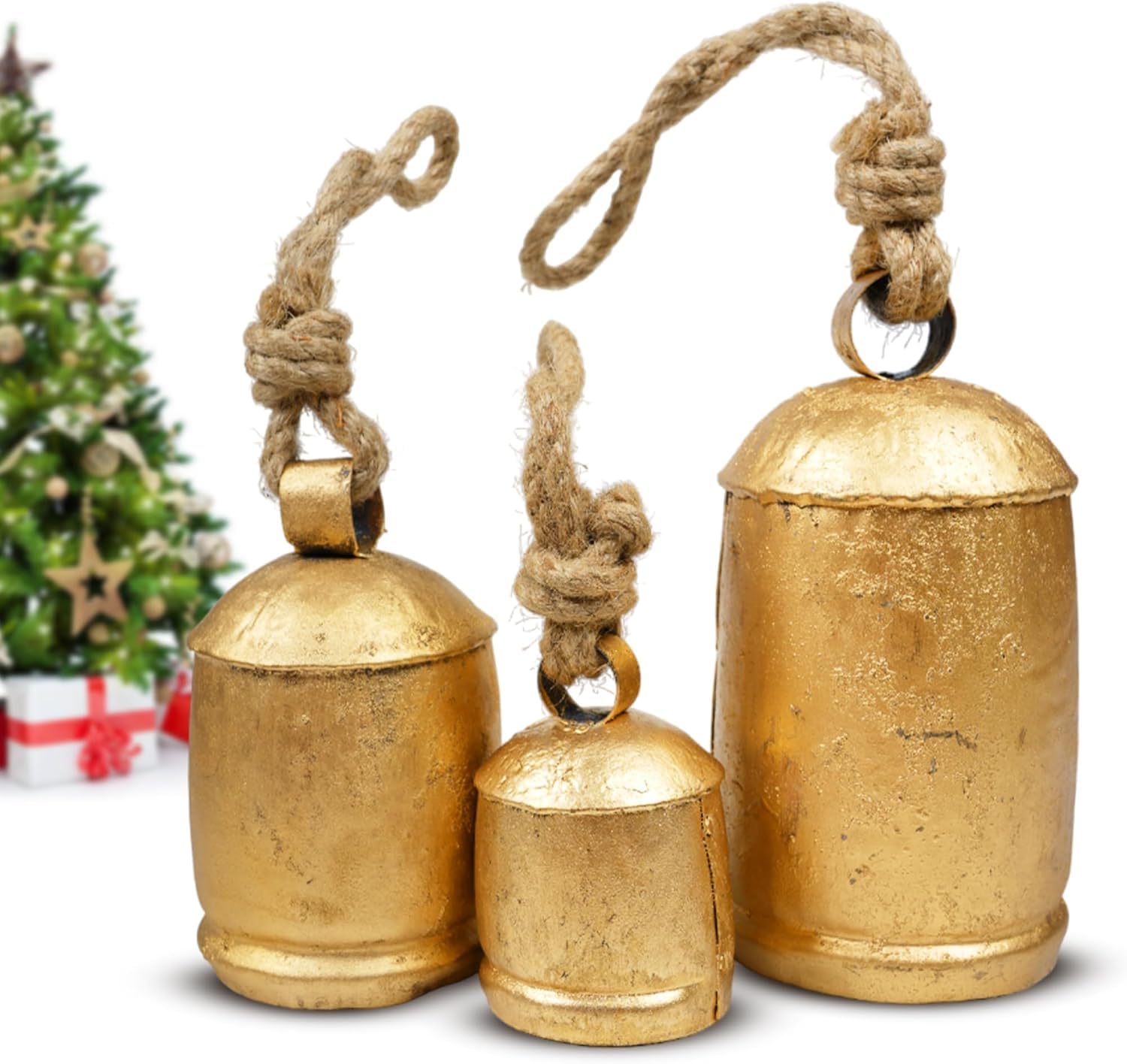 Decorative Cow Bells Set of 3 Large Harmony Bells - Vintage Giant Christmas Bells, Country Rustic Cowbells with Jute Rope - XL Hanging Lucky Golden Bells for Farmhouse Decor, Holiday, Home (4"-6"-8")