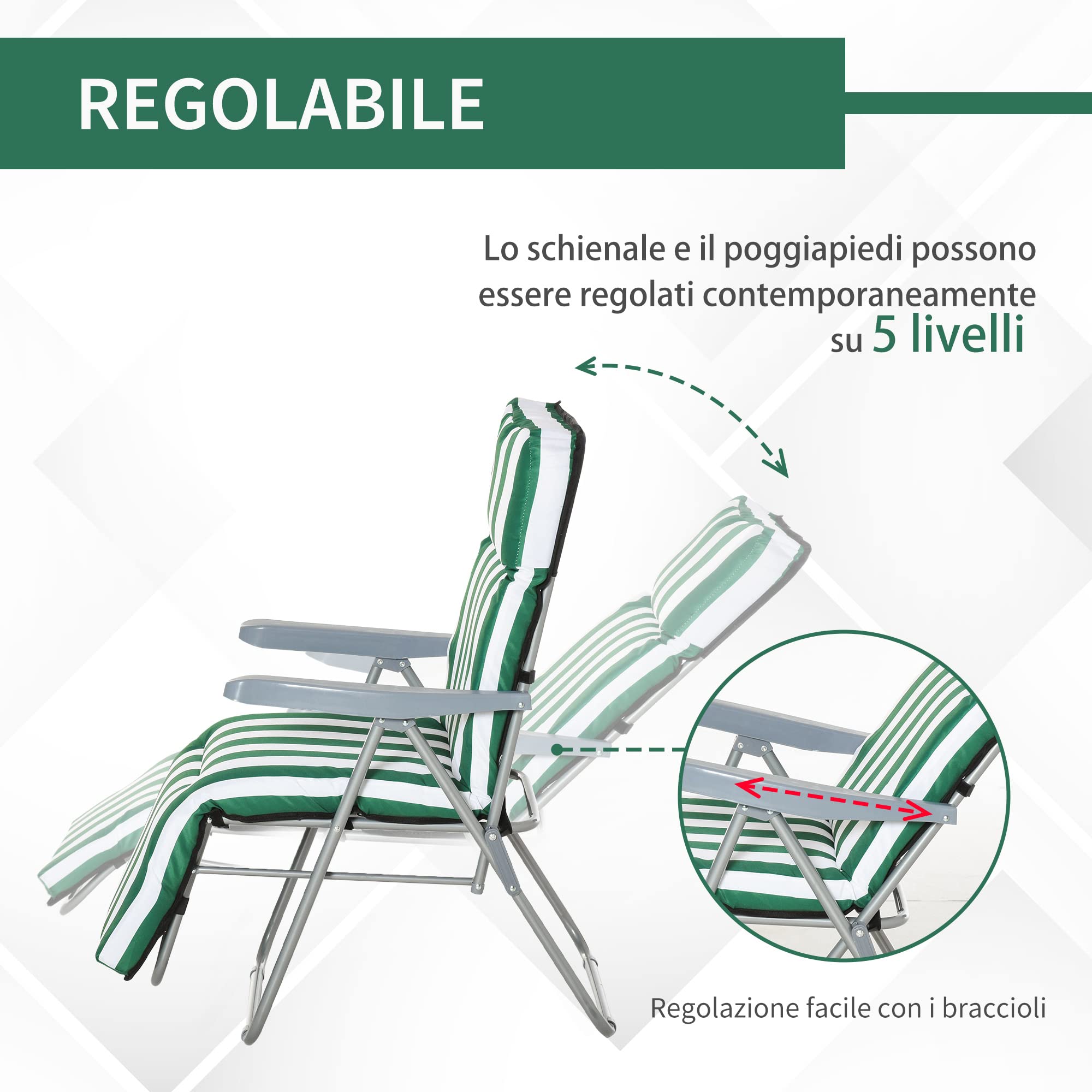 Outsunny Sedia Sdraio da Spiaggia da 2 Pezzi Pieghevole Verde e Bianco | Lettini Prendisole, Sdraio da Giardino, Reclinabile, con Cuscino Imbottito