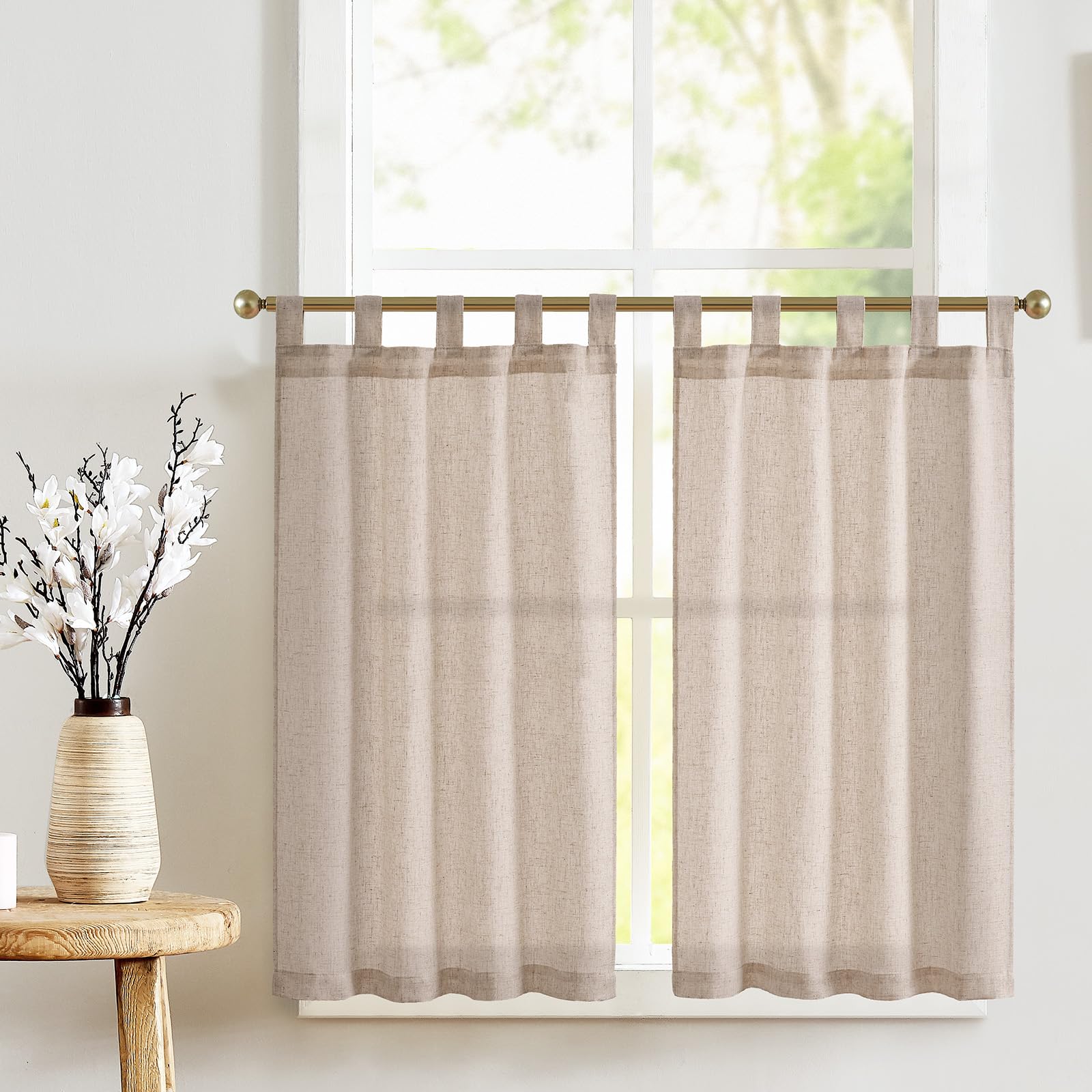 TOPICK Cortinas para Cocina con presillas Lino Marrón Cortinas de Estilo bistró para balcón Puerta Caravana Estilo Rural Cortinas Cortas semitransparentes Juego de 2 65 x 115 cm