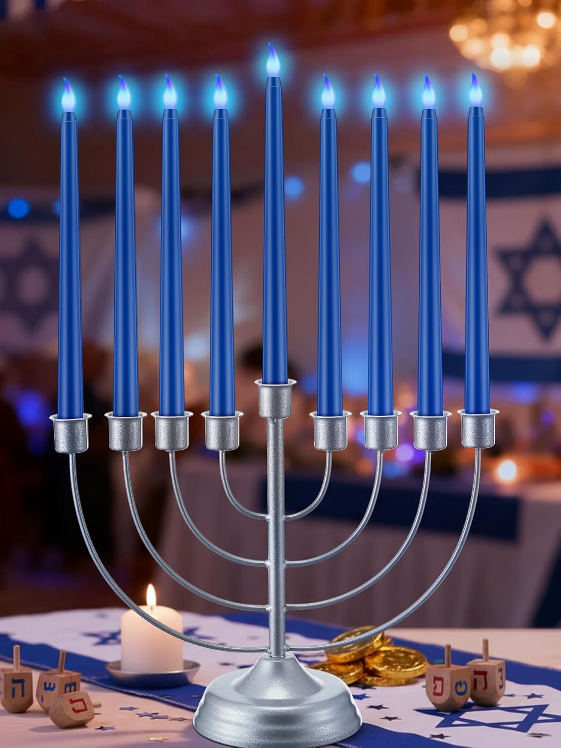 Traditional Hanukkah Menorah with 9 Blue Flameless Candle Lights, 11 Stainless Steel Menorah Candle Holder, Battery Operated or Real Wax Candles, Light Up Menorahs for Chanukah, Hanukkah Decorations