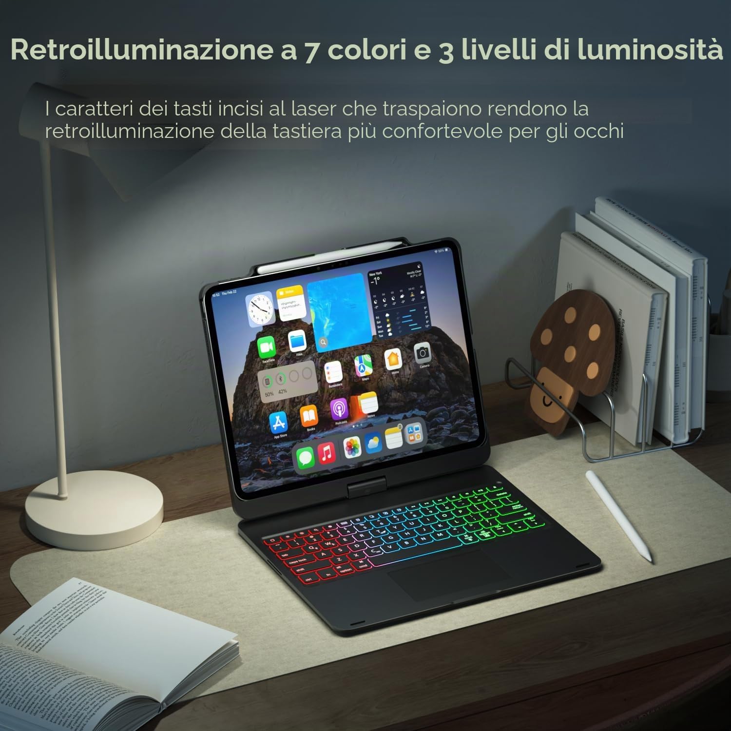 doqo Custodia con tastiera per iPad Air da 13 pollici (M4/M3/M2), iPad Pro 13 (M5/M4), iPad Pro 12,9" (6ª/5ª/4ª/3ª gen) Custodia con tastiera girevole a 360°, trackpad, retroilluminazione a 7 colori