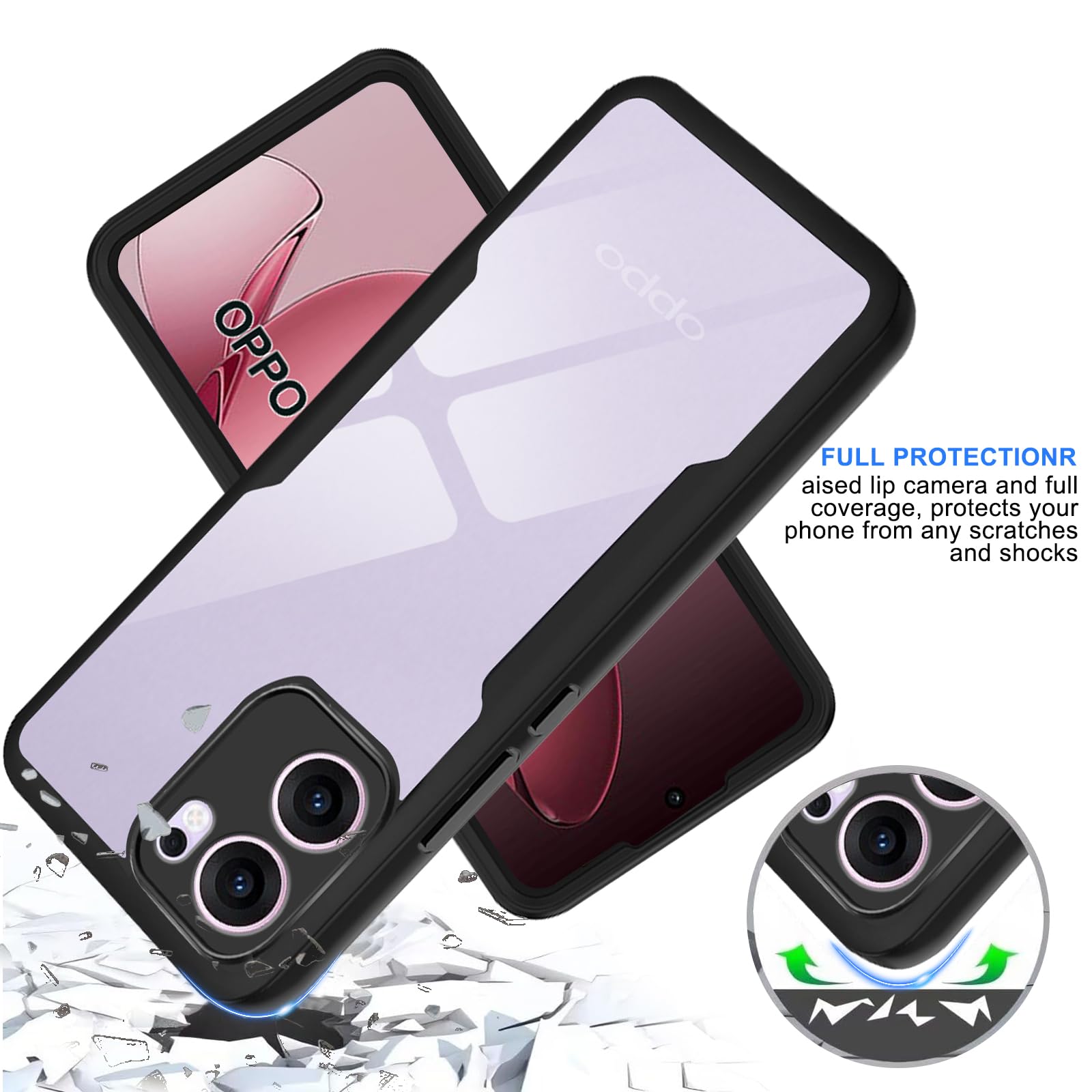 Oududianzi - Cover per Oppo Reno 13 FS 5G / 13 F Custodia,[2 Pellicola Vetro Temperato] con Coperchio Scorrevole della Fotocamera, 360 ° staffa girevole e manicotto protettivo in silicone TPU - Nero