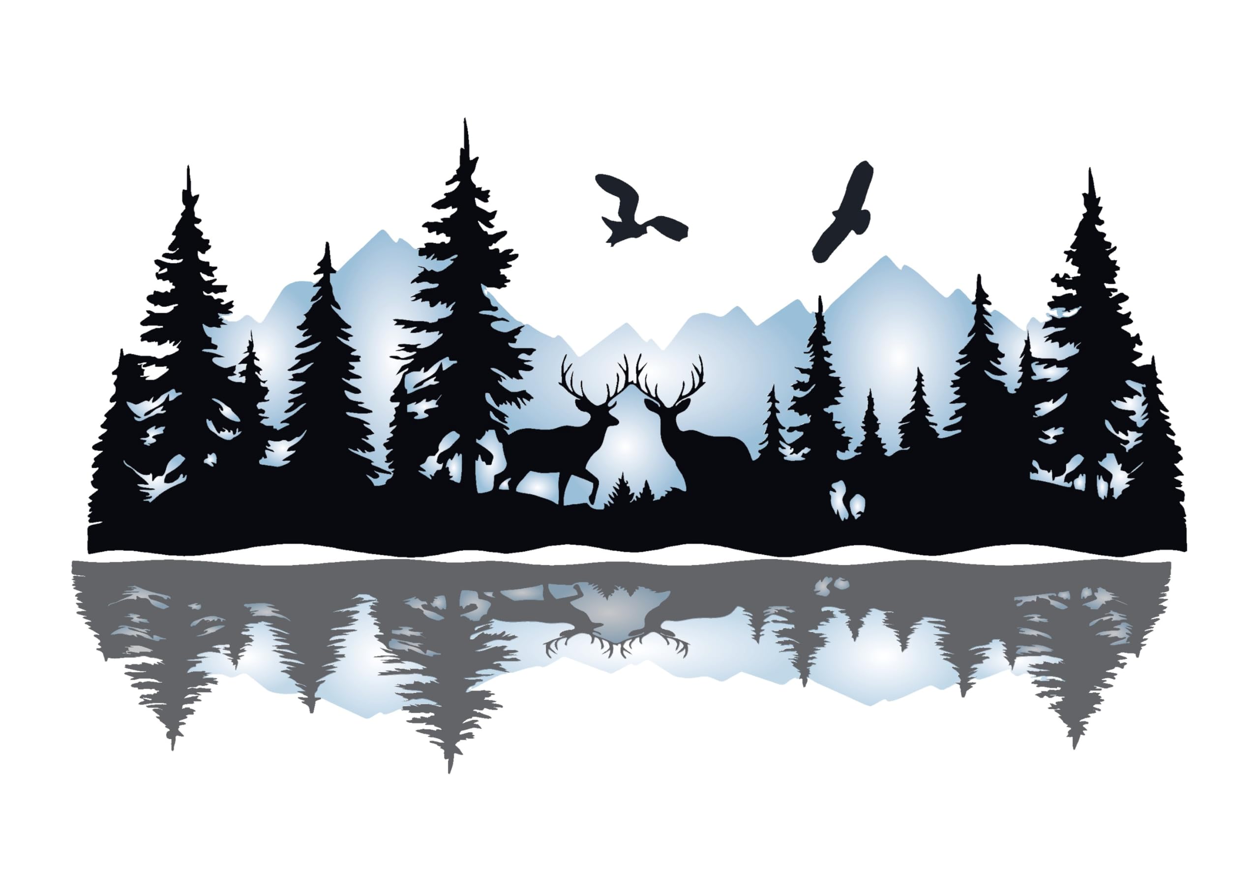 CREATIVE GRAPHICS Mountain Forest Wall Art, Winter Landscape Metal Decor, Vinyl Sticker, Nature Theme with Deer Silhouette, Water Resistant, Classic Style, 76x44 cm