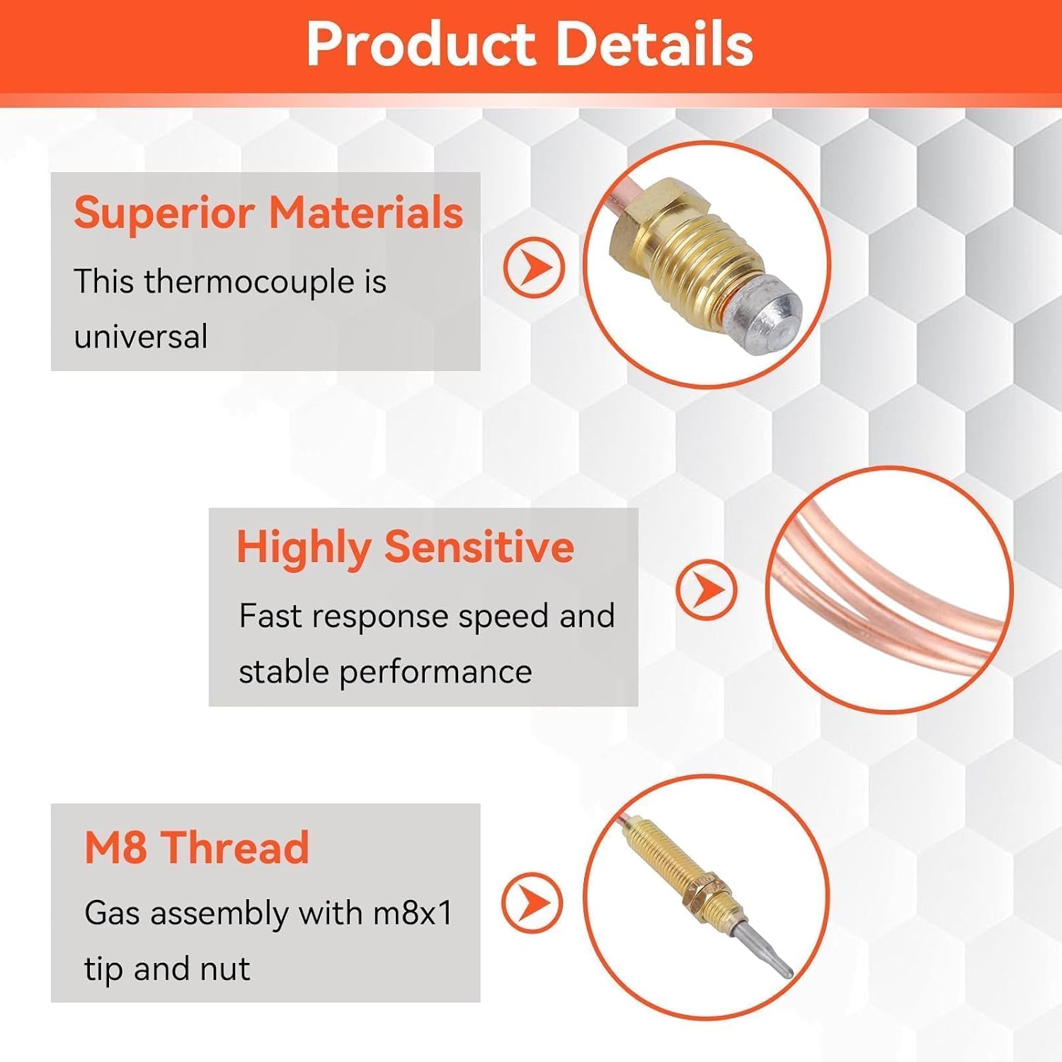 2Pcs M8 Thread Thermocouple Probe, Universal Thermocouple Fireplace Gas Stove Replacement Kit for Gas Furnaces, Boilers and Water Heaters, 23.6inch