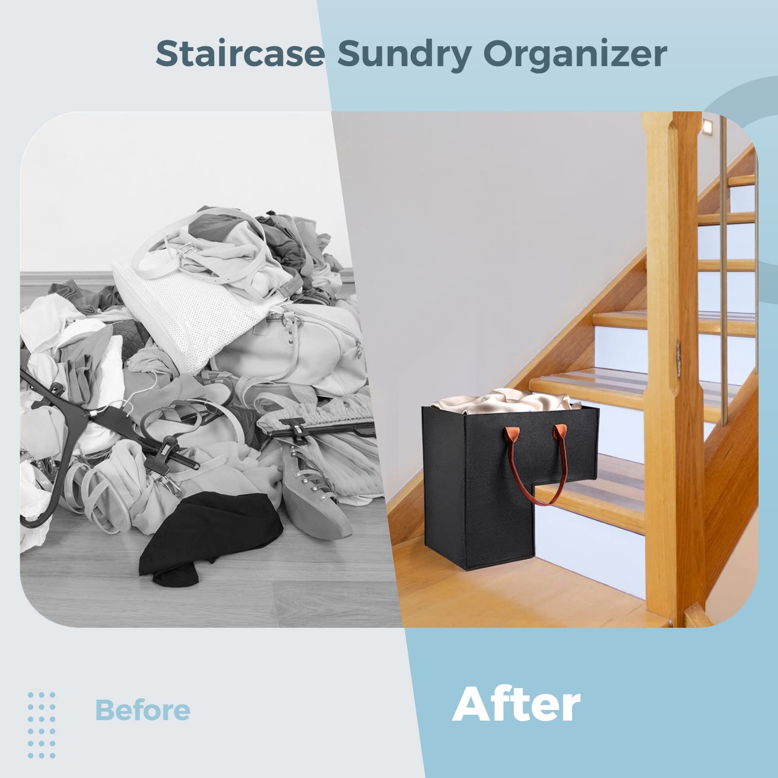 GEKMOR Foldable Felt Stair Basket for 16'' Stairs, Large Staircase Baskets With Faux Leather Handles - Image 4
