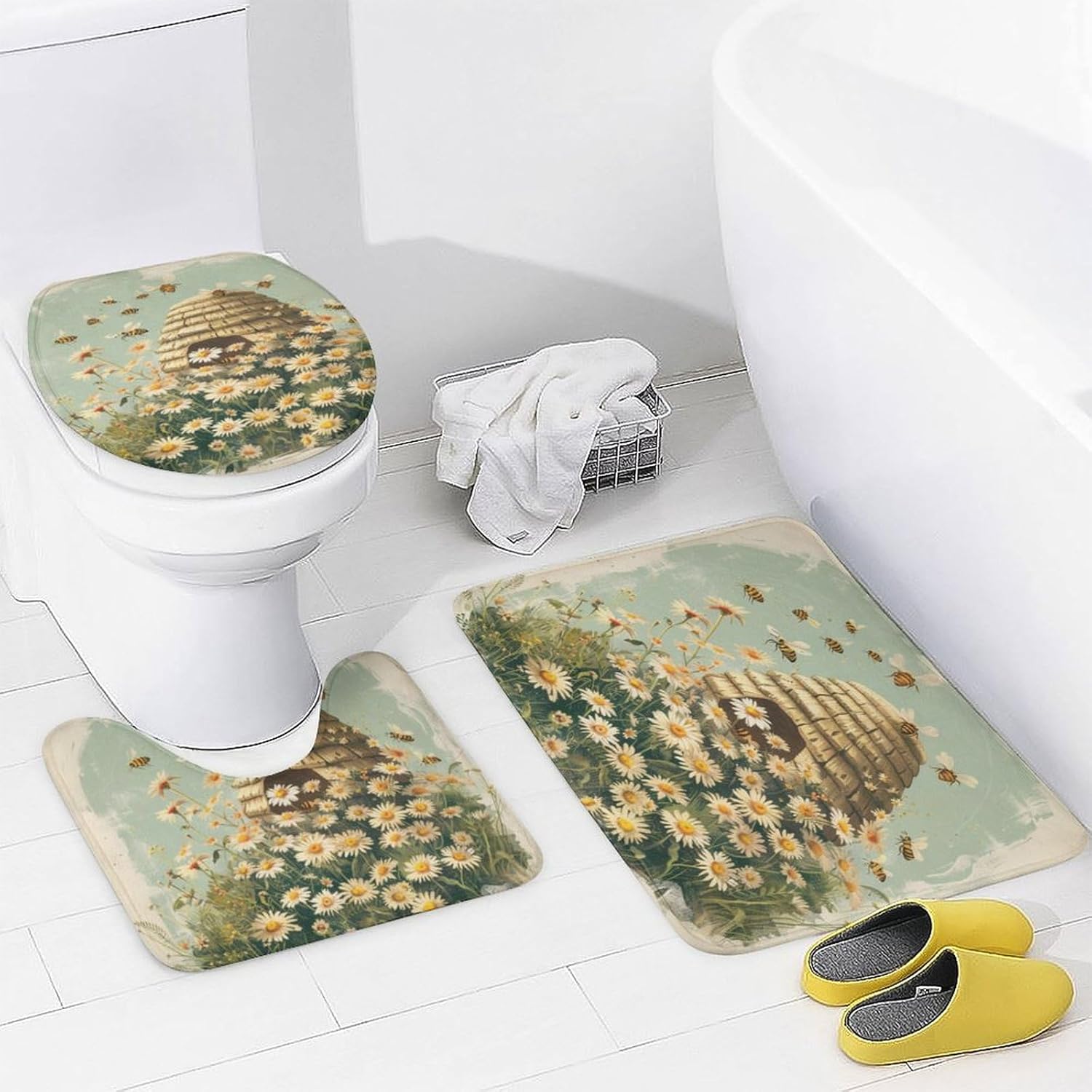 4Pcs Cute Flower Honeycomb Bee Shower Curtain Sets, Bathroom Decor Set with Rugs, Bath Mat Vintage Rustic Daisy Beehive Shower Curtain, 72 X 72 Inch