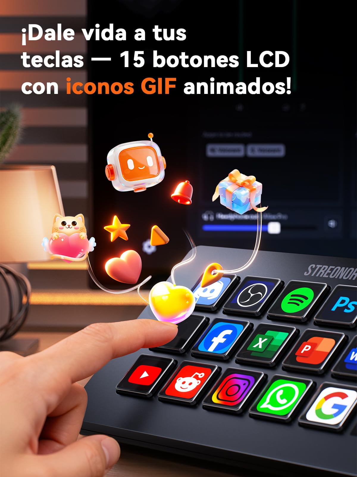 STREONOR Stream Controller Standard S15 con 15 teclas y Panel informativo | Controlador de transmisión Para streaming, gaming y trabajo, compatible con OBS, YouTube, Twitch, PC y Mac - Negro