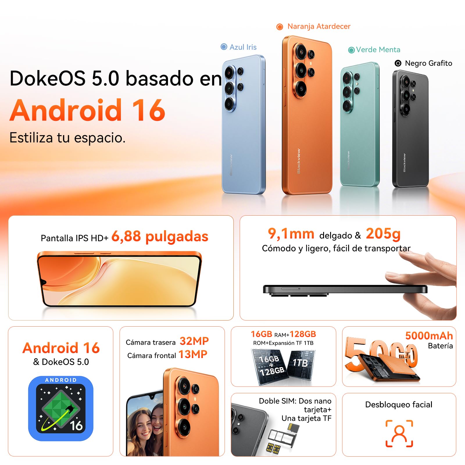 Blackview 6,88" HD+IPS Wave 10C Moviles Baratos Android 16 Smartphone, 32MP+13MP, 16GB+128GB/1TB, 5000mAh,4G Telefono Movil Triplo Slot per Schede, WiFi 5/3,5mm/FM/OTG,3 Anni Garanzia