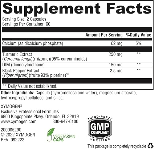 Miniatura 7 de XYMOGEN Dimensión 3  Suplemento DIM de diindolilmetano con curcumina + bioperina  Apoya la desintoxicación de estrógeno saludable, el equilibrio