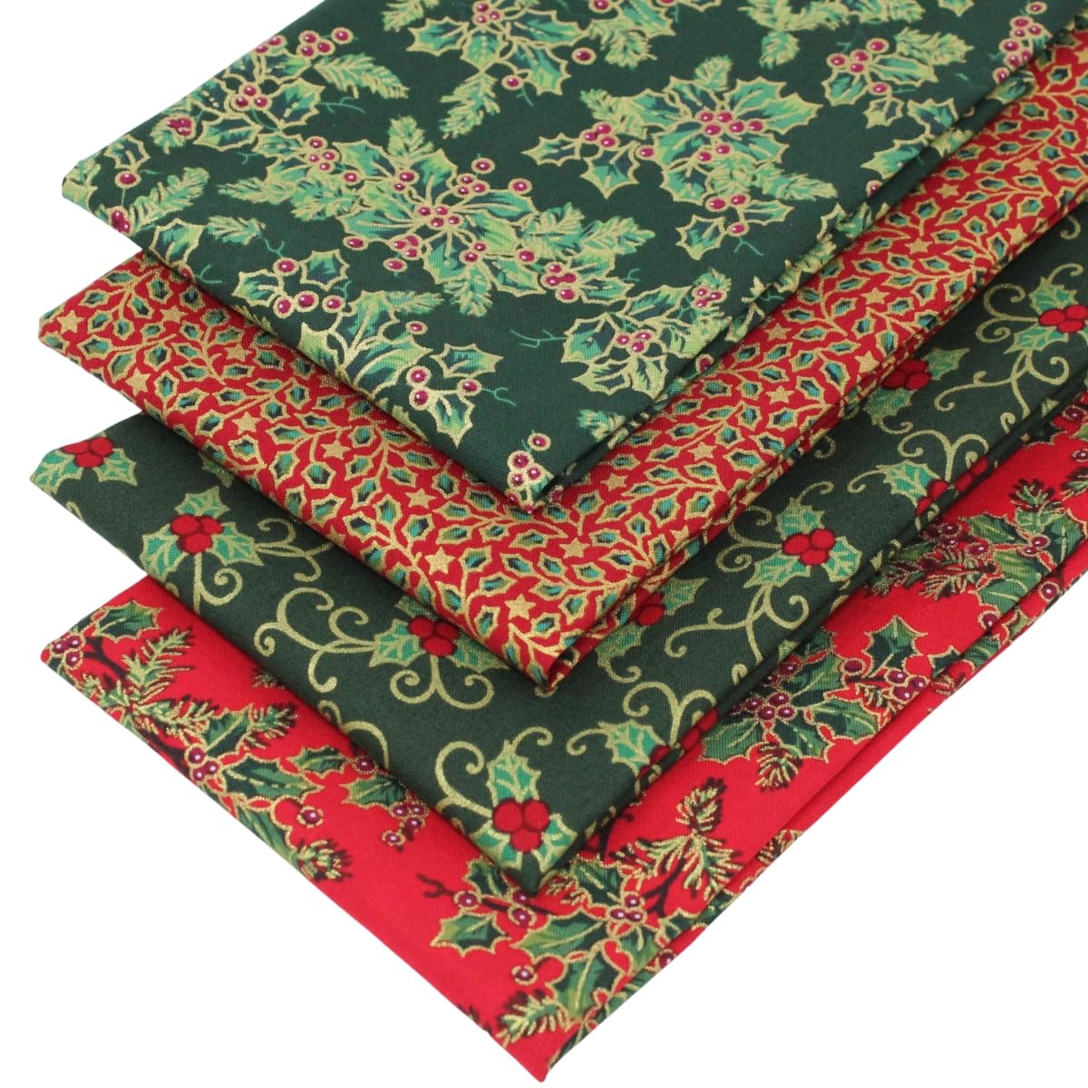 Overdale Fabrics Red, Green, Gold 4 Fat Quarters Bundle - 'Golden Christmas Holly' Featuring Fabulous Red And Green Holly Fabrics. 100% Cotton Ideal For Festive Quilting & Crafting (With A Free Patchwork Pattern By Overdale Fabrics)