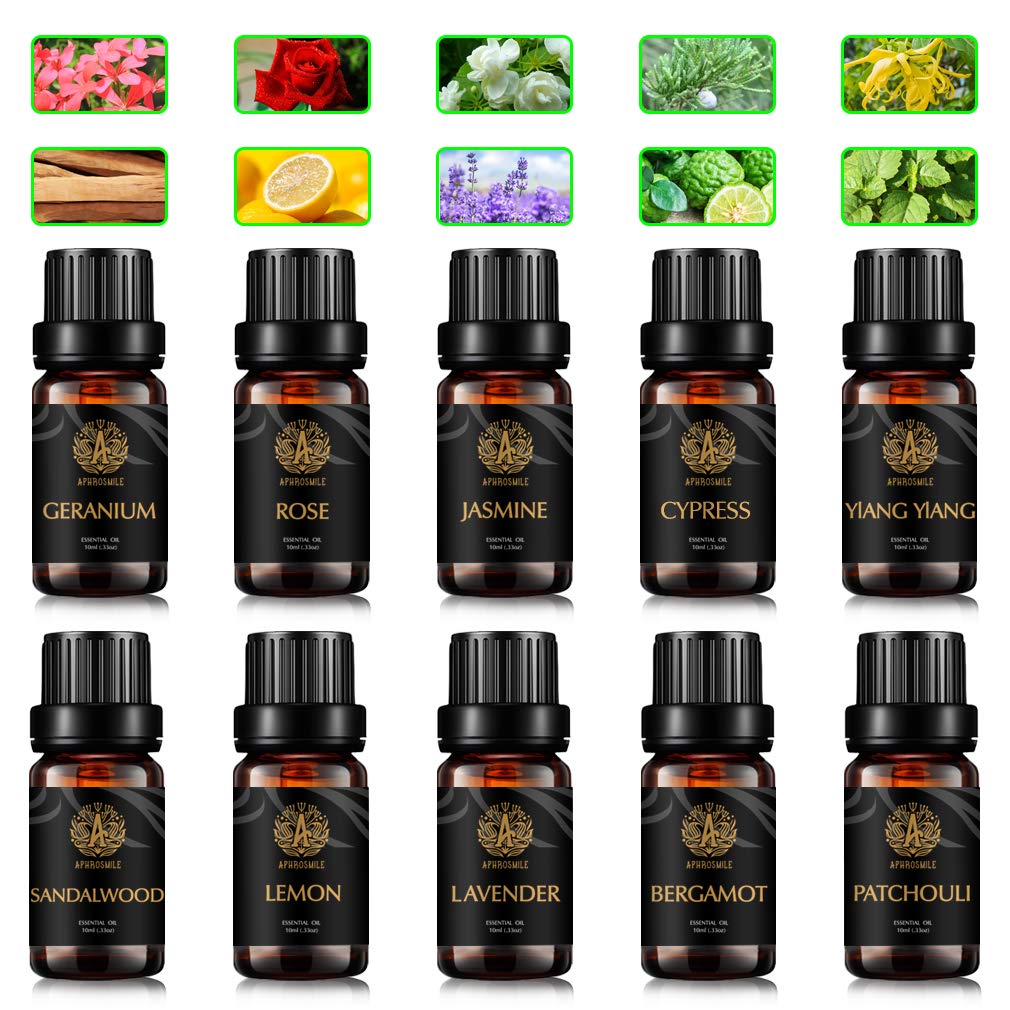 Aromatherapie Geranium ätherisches Öl Set für Diffusor, 100% pure Jasmin ätherisches Öl Kit für Luftbefeuchter, 10x10ml Zitrone ätherische Öle Set - Ylang Ylang, Patchouli Öle...