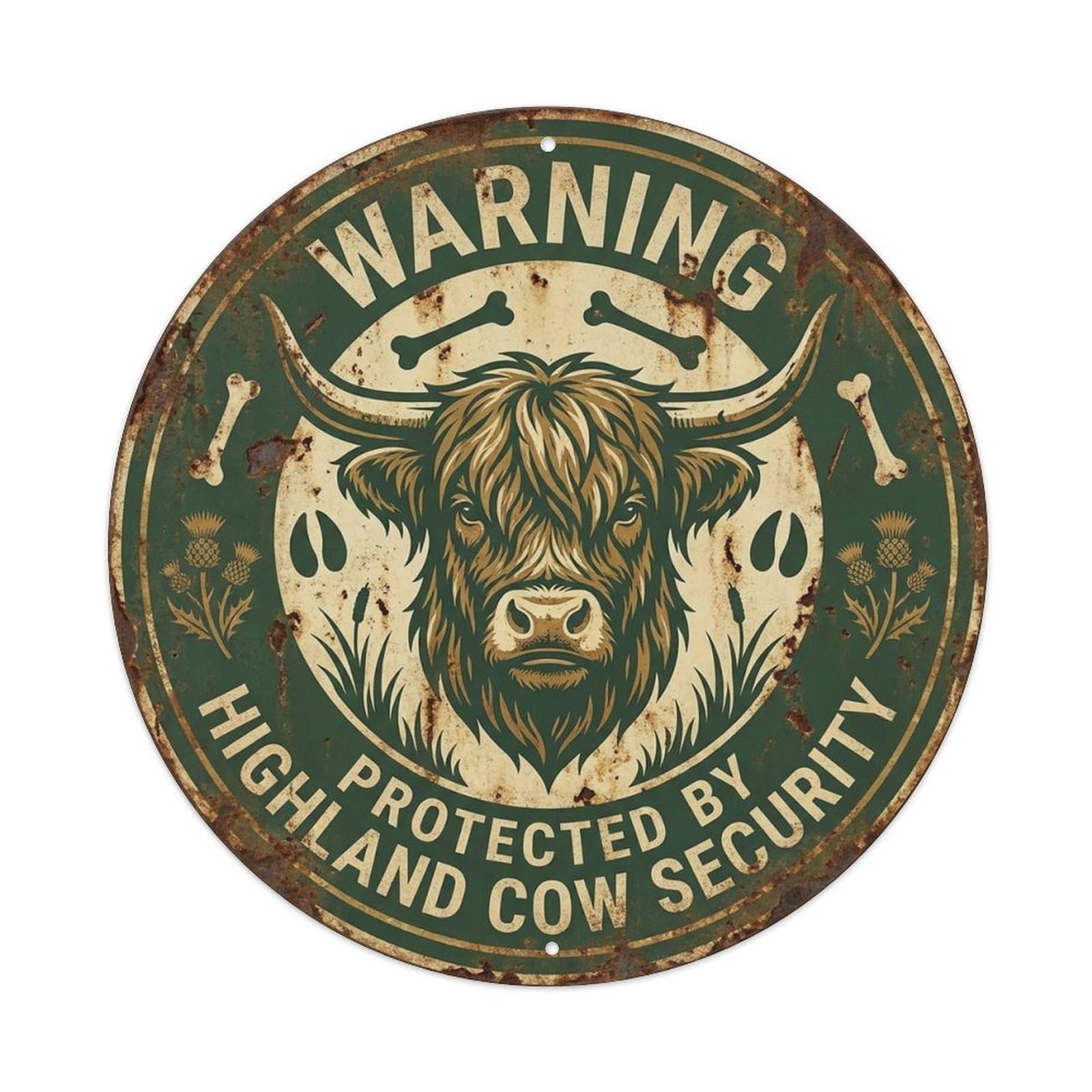 Highland Cow Security Warning Rust Forest Metal Tin Sign