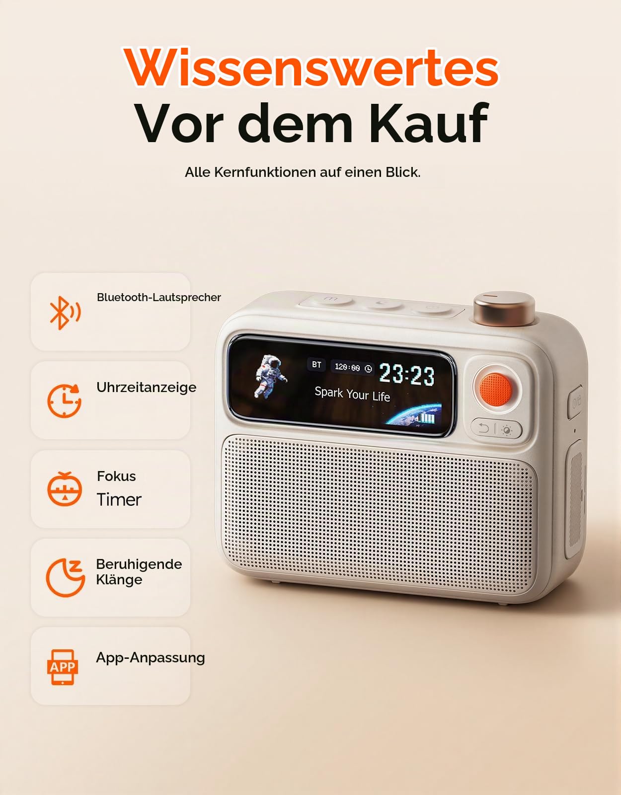 Divoom FlowToo White Noise Soundmaschine mit Bluetooth-Lautsprecher | 90+ Schlafgeräusche mit Pixel-Display, Wecker, Timer, sanfter Anzeige und anpassbaren Displaydesigns in Cremeweiß