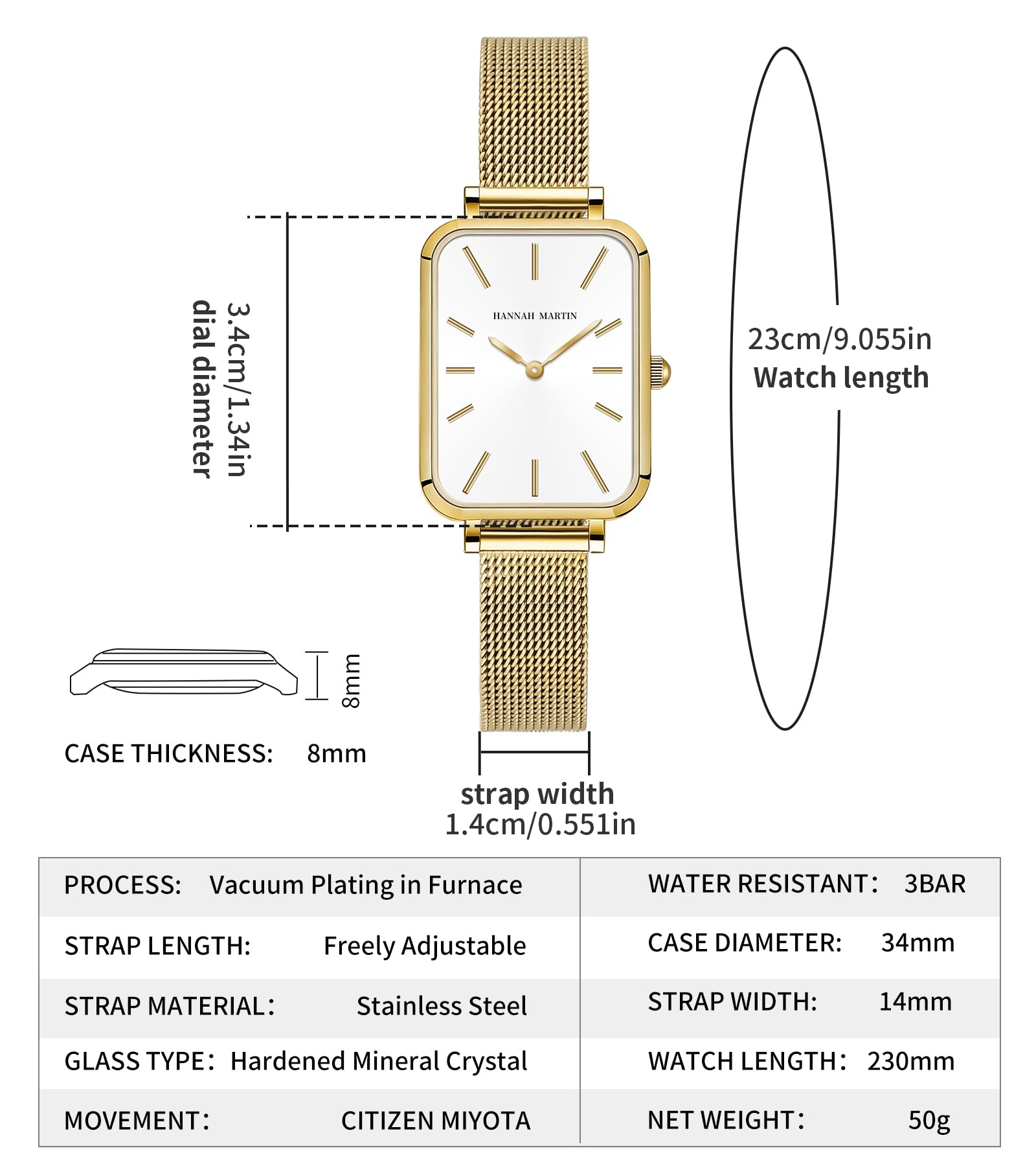 HANNAH MARTIN Uhren für Damen, wasserdicht, analog, Quarz-Armbanduhr, Edelstahlband, modisch, zierlich, Damenuhr, luxuriöses Armband, Diamant