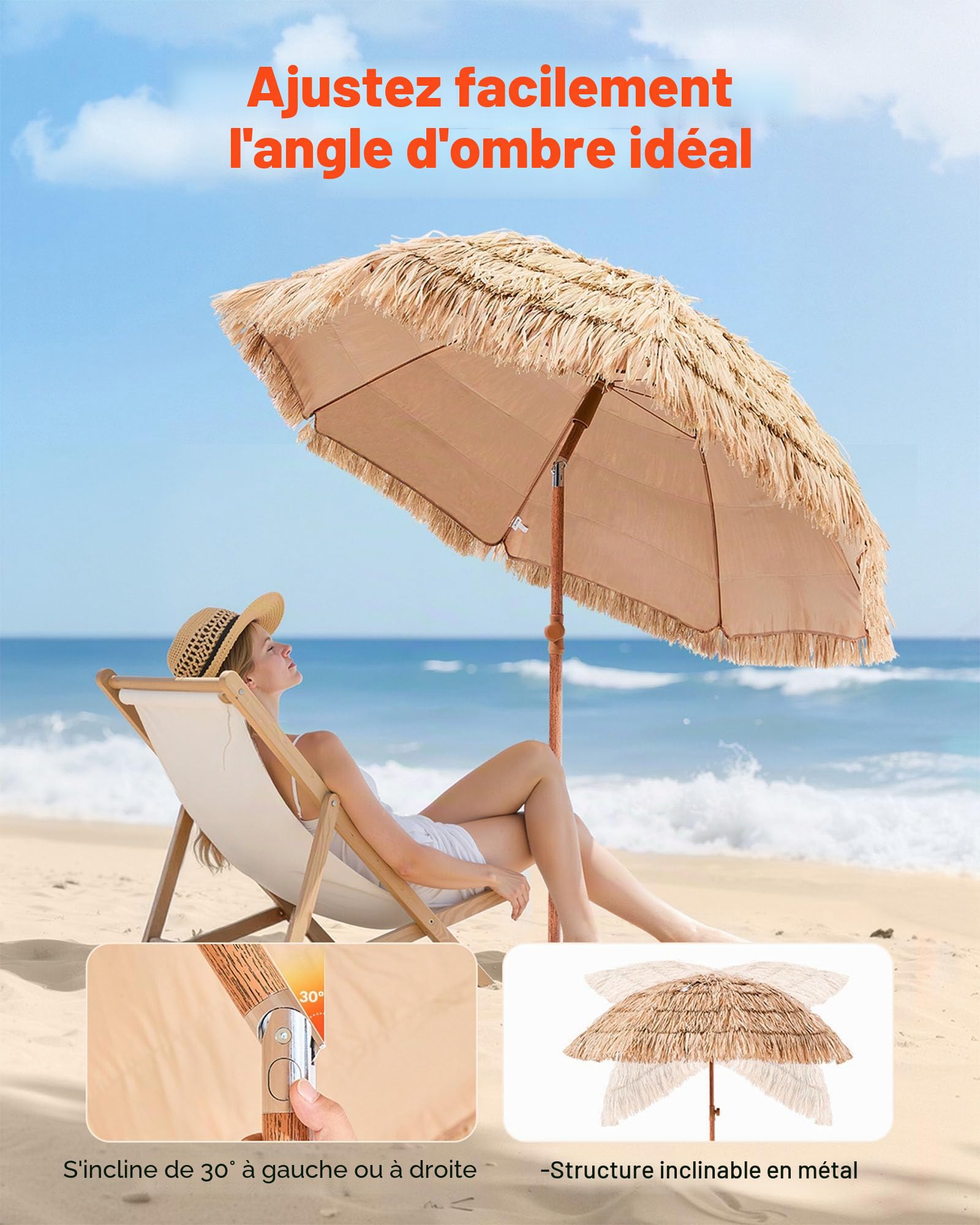 VEVOR Parasol Hawaïen, 2 m Parasol Exotique Inclinable avec Toit Chaume PP, 8 Baleines Métalliques, Protection Solaire Extérieure Flexible pour Plage, Terrasse, Bord de Piscine, Jardin, Arrière-cour