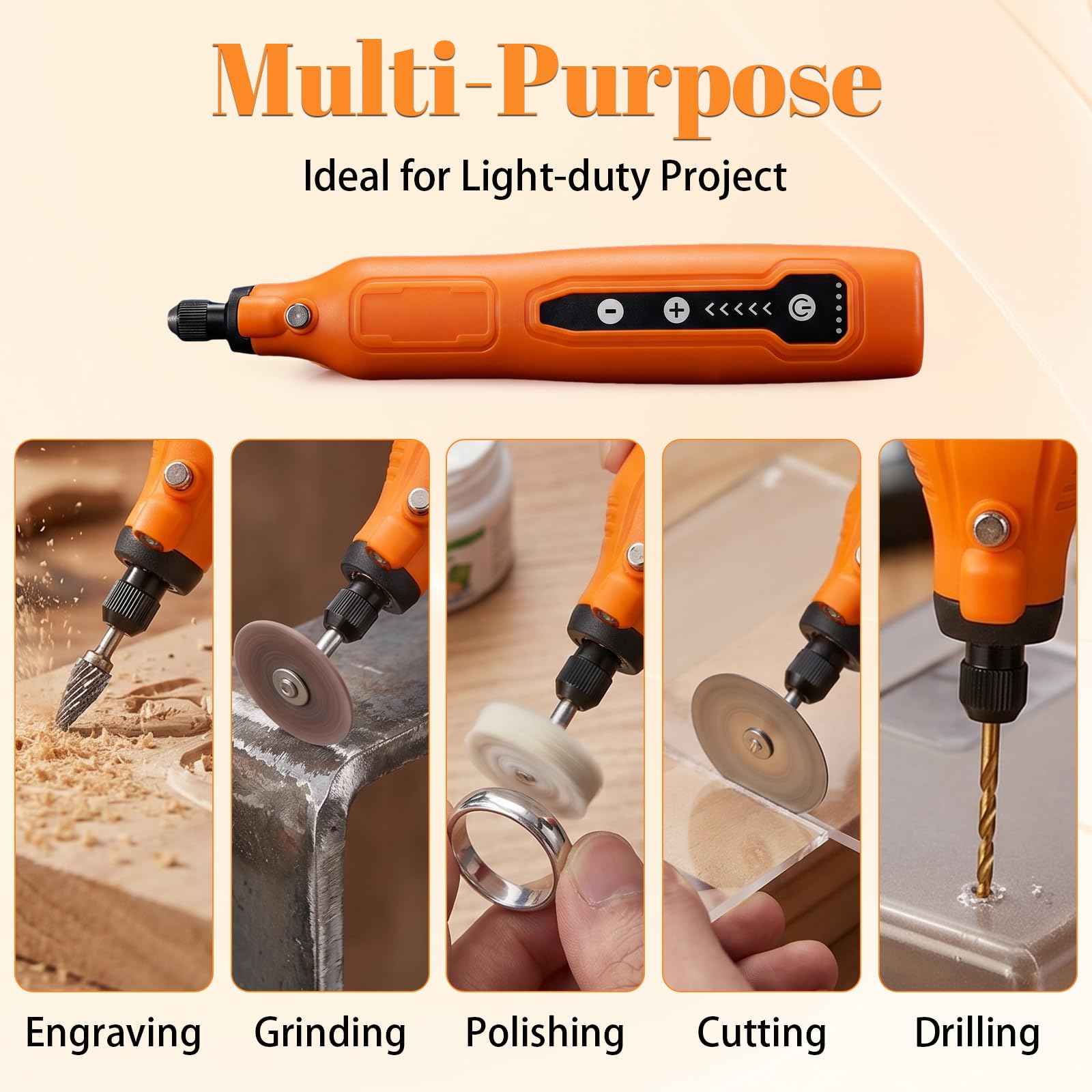 Mini Amoladora Inalámbrica 3.7V con 5 Velocidades y 58 Accesorios, Herramienta Rotativa Multifunción USB-C Recargable para Grabar, Lijar, Pulir, Taladrar y Cortar, Kit de Bricolaje y Manualidades