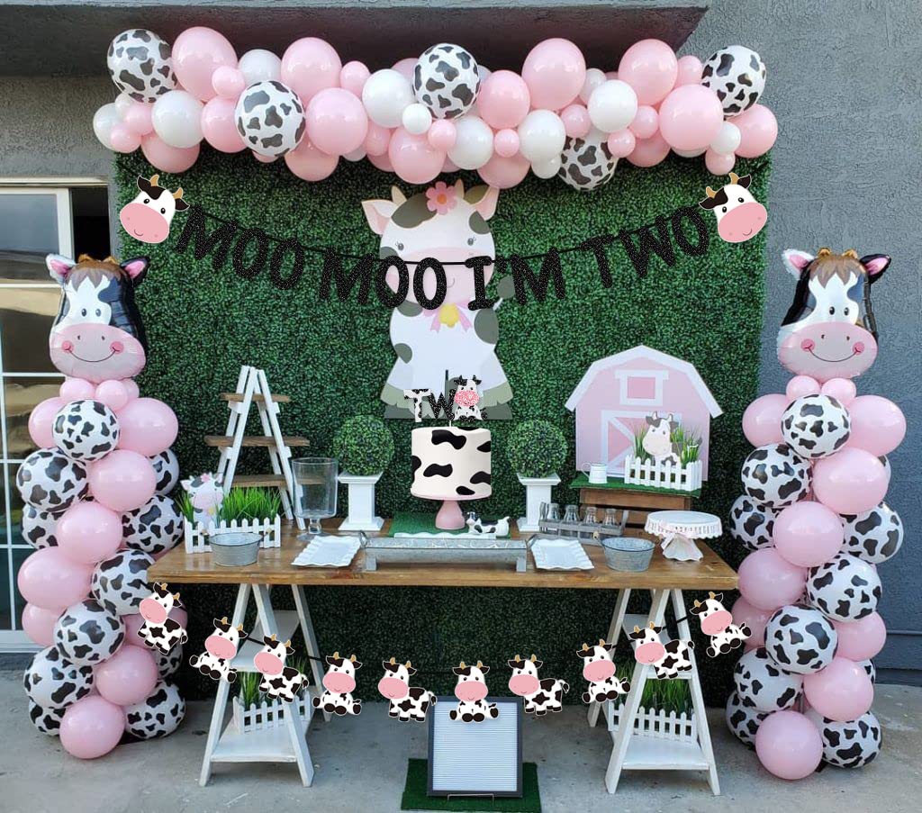 Wulagogo Moo Moo I'm Two Banner y decoración para tarta para fiesta de segundo cumpleaños de vaca, decoración de fiesta de cumpleaños de dos años de animales de granja