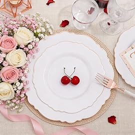 WDF 100pcs Rose Gold Plastic Plates-Baroque White &Rose Gold Disposable Plates including 50Plastic Dinner Plates 10.25inch,50Salad Plates 7.5inch for Wedding & Parties