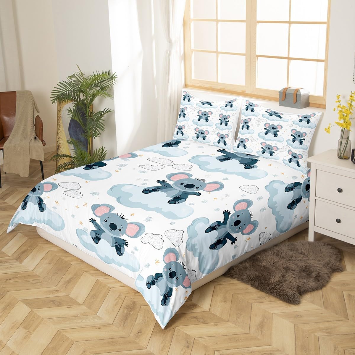 Erosebridal Cute Koala Comforter Cover Full Size Kawaii Pink Moon Stars Clouds Duvet Cover Rainbow Bedding Set for Kids Boys Girls Room Decor Grey Zoo Animal Bedspread Cover with 2 Pillow Cases