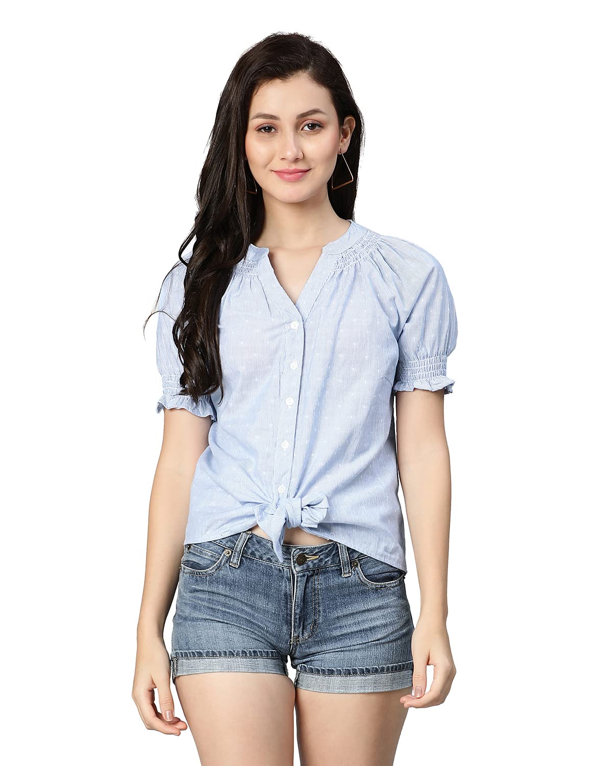 oxolloxo Women Regular Fit Cotton Regular Sleeves Stripe Party Blue Top-picture-11