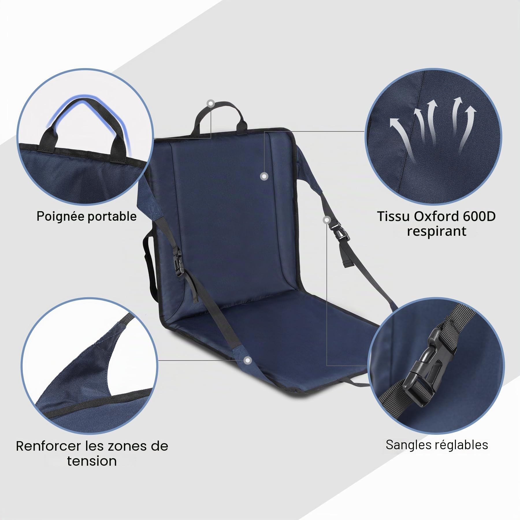 REDCAMP Coussin de siège portable pour blanchiment avec support dorsal, léger et pliable pour le jardin, le terrain, les sports de plein air, bleu marine