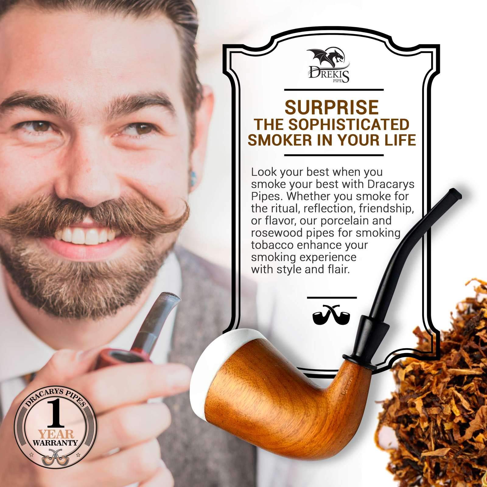 Buy Dreki Pipes Rosewood Smoking Pipe Natural, Handmade Tobacco Pipe